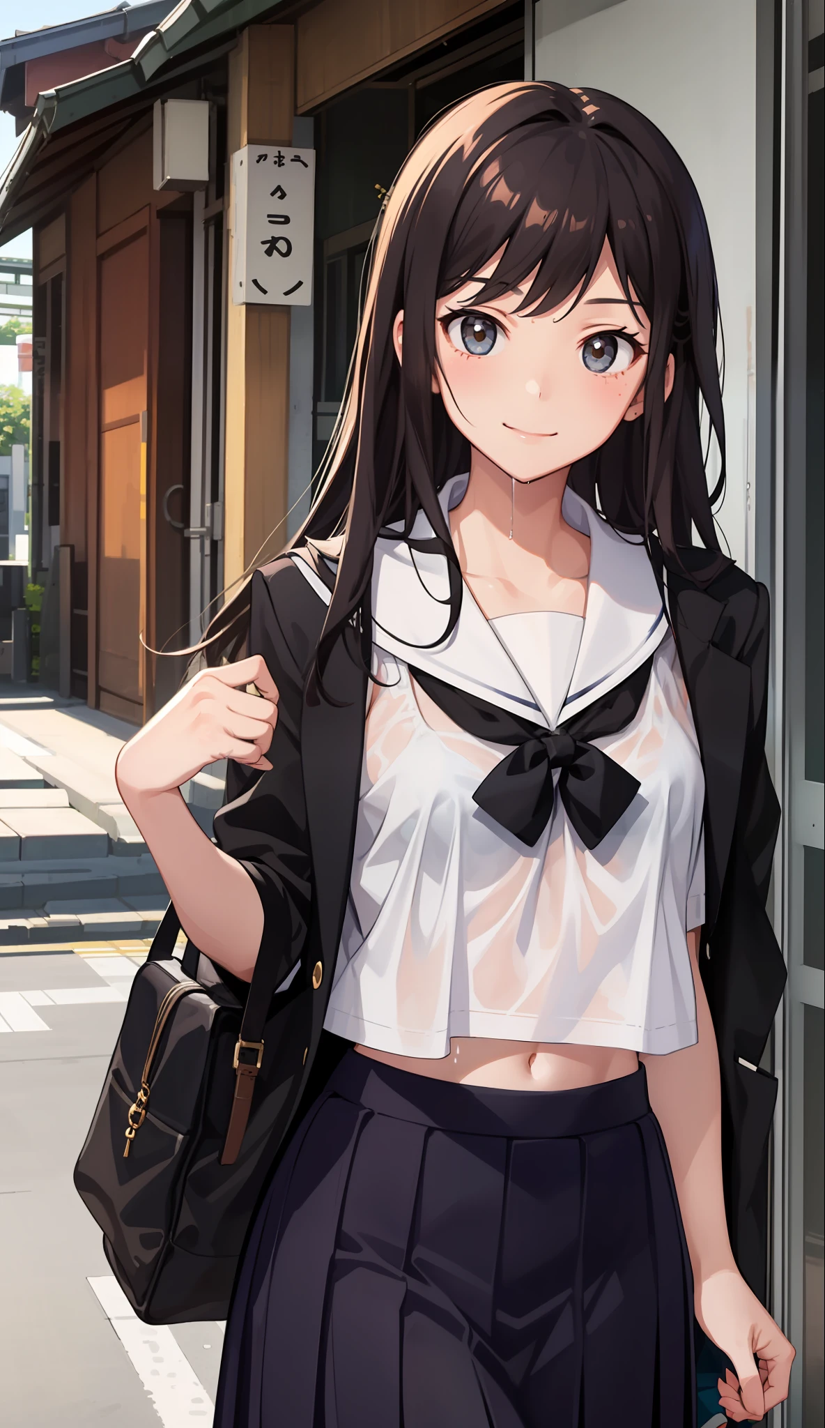 1girl in、A smile、The shirt、skirt by the、（small tits）Chilarism、Japan High School Student Uniform、serafuku、summer clothing、Squall Drenched Uniform、（Sheer Bra）、Upper body portrait、