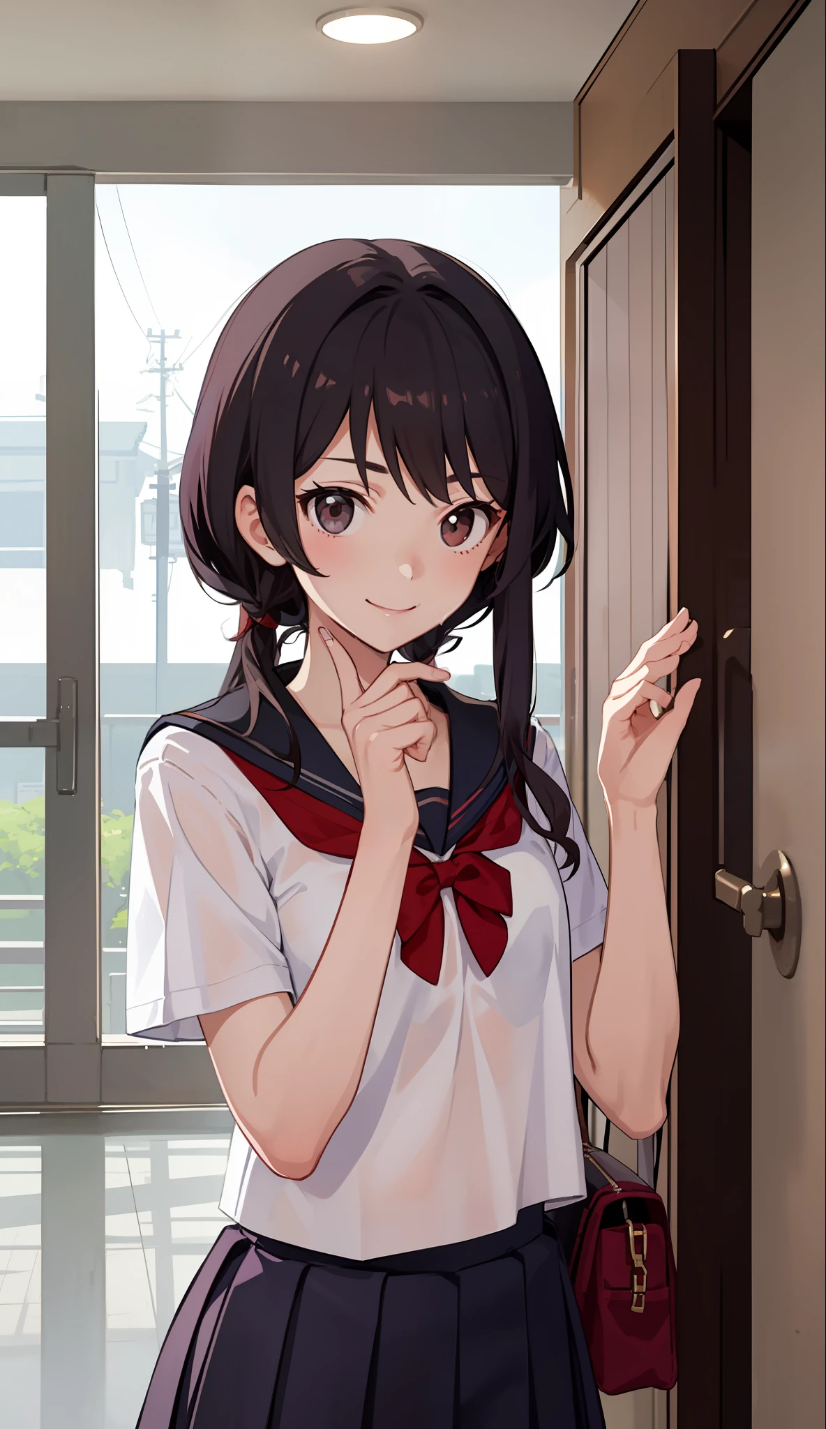 1girl in、A smile、The shirt、skirt by the、（small tits）Chilarism、Japan High School Student Uniform、serafuku、summer clothing、Squall Drenched Uniform、（Sheer Bra）、Upper body portrait、