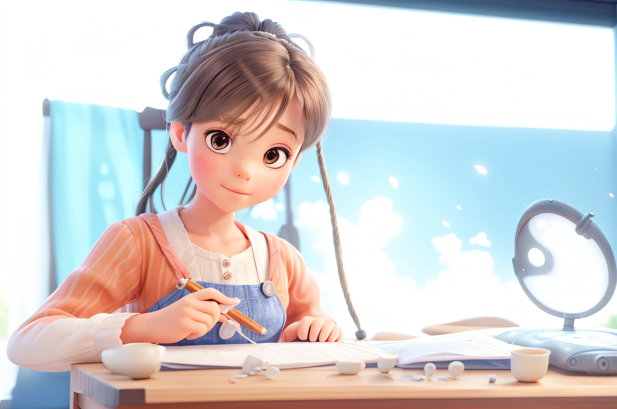 A about 5 years old,Liho writes,Brlligraphy,ultra realistic lighting,Ultra-realistic skin texture,Ultra-realistic natural light,Defocused,Ultra-realistic textiles,light particules,Warm lighting,inside in room,great outdoors,zither,Quiet,Incense,Ultra-realistic smoke,Super realistic wood grain,Perfect big eyes,Ultra-real hair,Ray traching,8K,Ultra-realistic CG,tmasterpiece