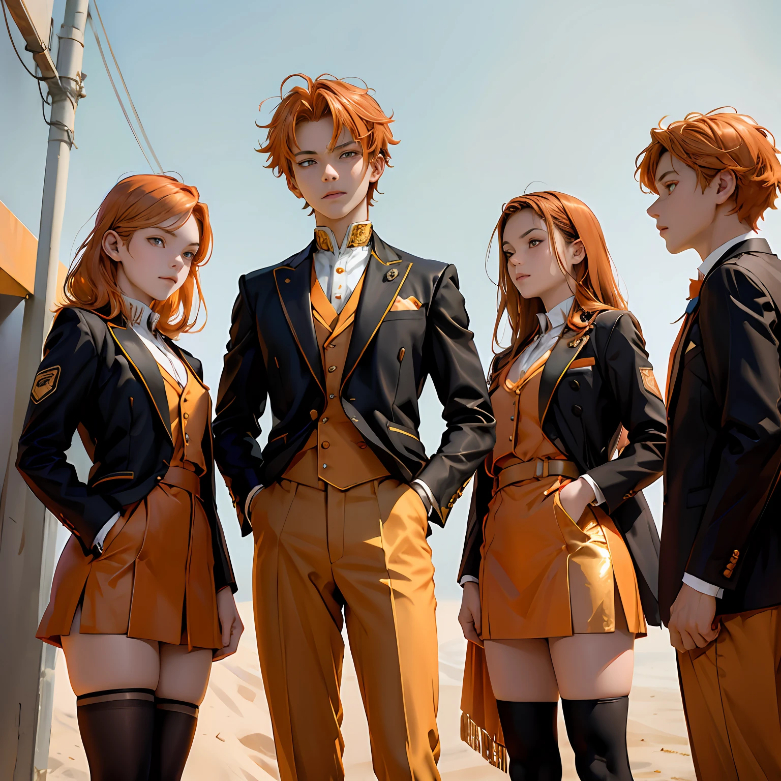 A group of 15-year-olds in training trained in ilera have orange hair and orange eyes and wear elegant gold etiquette suits..