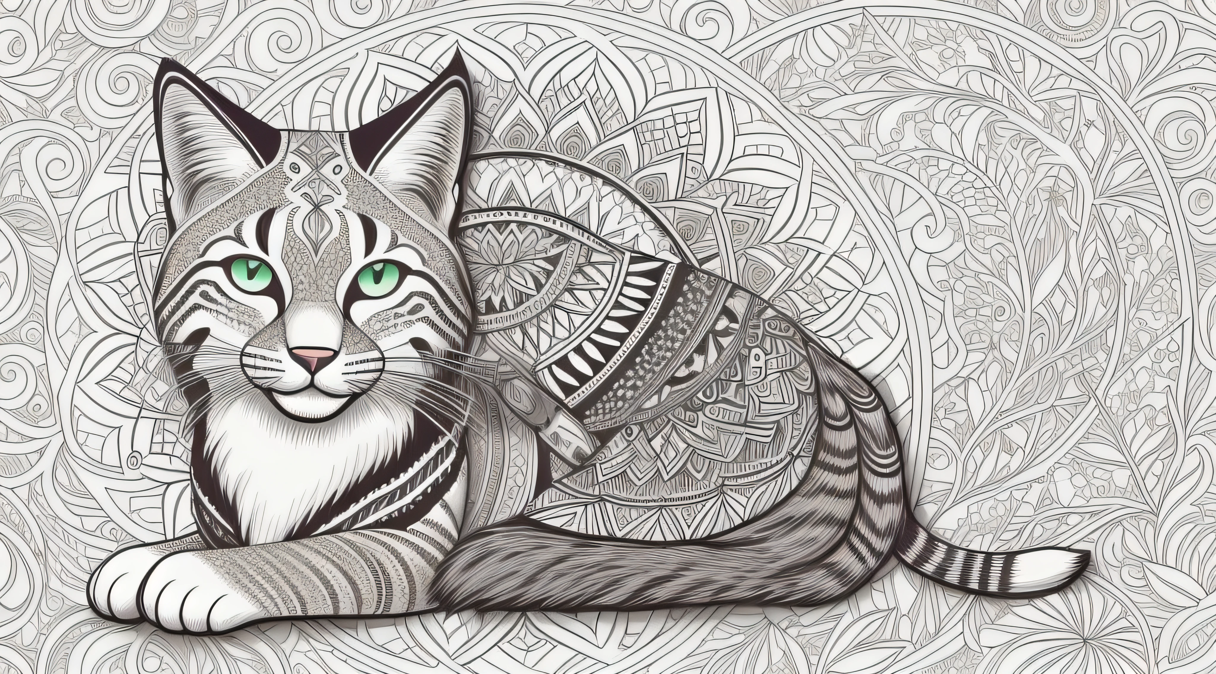 Livro para colorir para adultos, Linhas conectadas, simetria, um desenho preto e branco de um gato com olhos verdes, gato detalhado, Anthropomorphic Large M..Aine Coon, arte vetorial altamente detalhada, Highly detailed illustration, design do gato, anthropomorphic lynx, highly detailed and hypnotic, pelo intrincado detalhado, high detailed illustration, Fluffy Cat T - Design de camisa, arte vetorial em preto e branco, Highly detailed illustration. trabalho de linha grossa, Great standards, negative space, thick pattern, sem fundo preto, Cute forest pattern background, desenho, nenhuma parte colorida, Efeito mandala, mandala, arte de linha fina de tinta estilizada, vetor, Adobe Illustrator, ......eps, African pattern, tela cheia, Tela proporcional, --Estilo "Inspirado em Johanna Basford", --artistic_Level "High", --livro "Livros Secretos", criar_......ai_Colorir_livro, --AR 16:9 --upbeta --s 750"