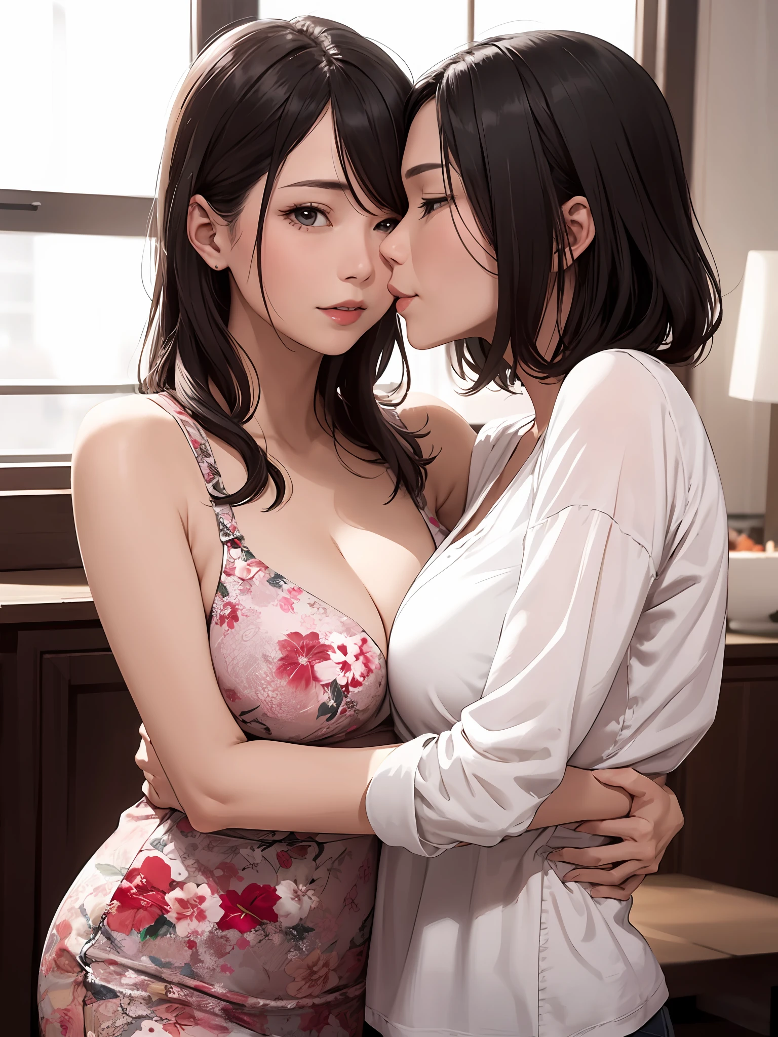 realisticlying、Face Real,Breasts enlarged、Two 45-year-old girls,embracing each other,kiss、