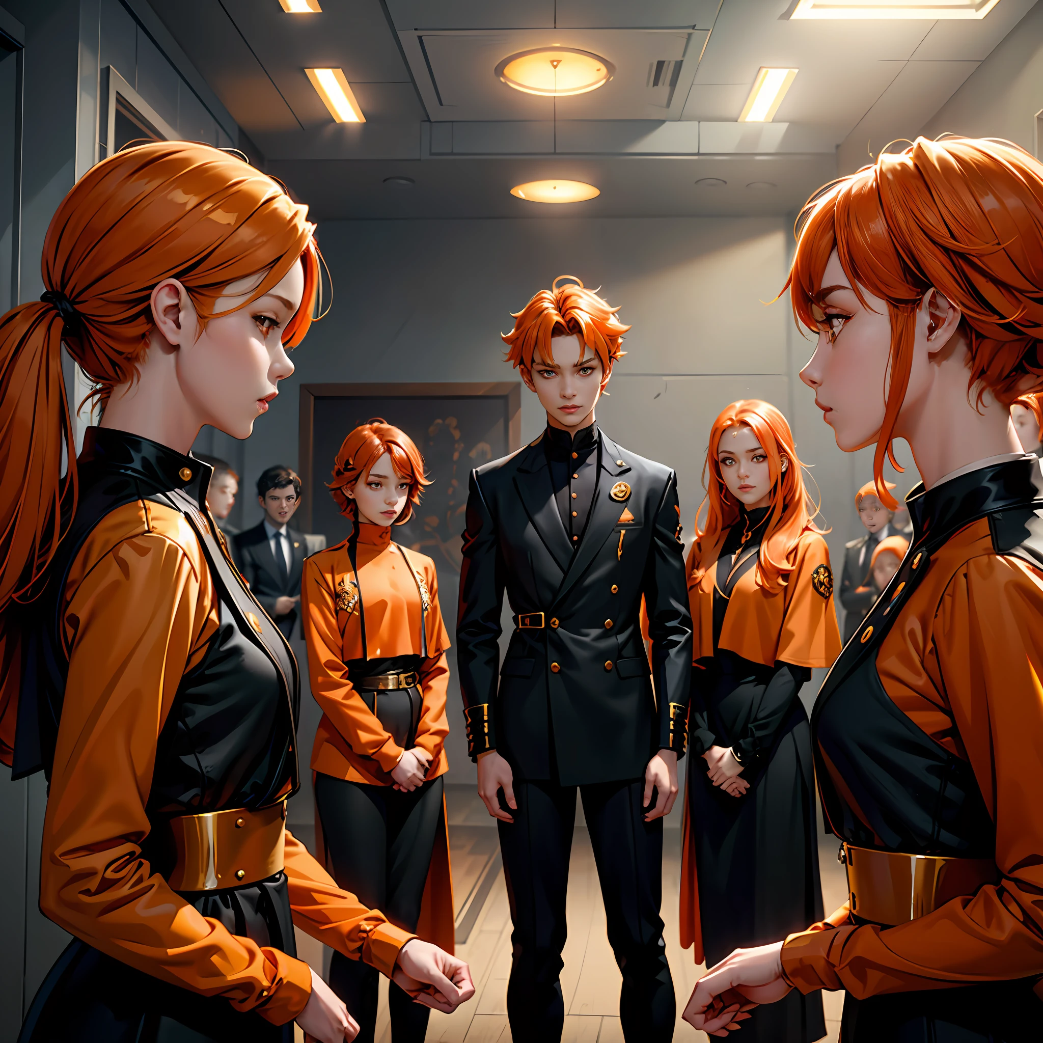 A group of 15-year-olds in training trained in ilera have orange hair and orange eyes and wear stylish black and gold etiquette suits..