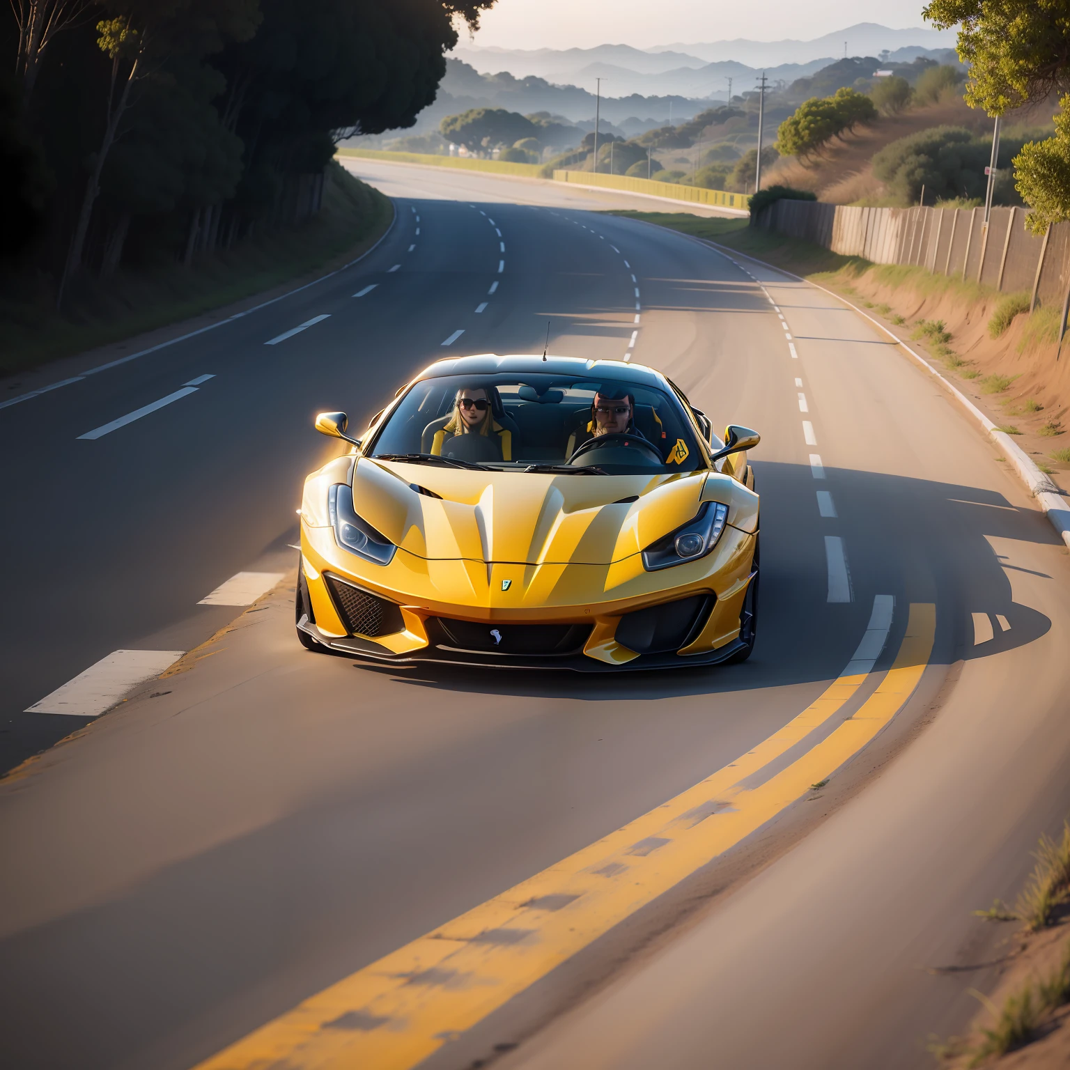 Ferrari amarela, em uma estrada, beirando uma praia, no por do sol, foto realista profissional.
