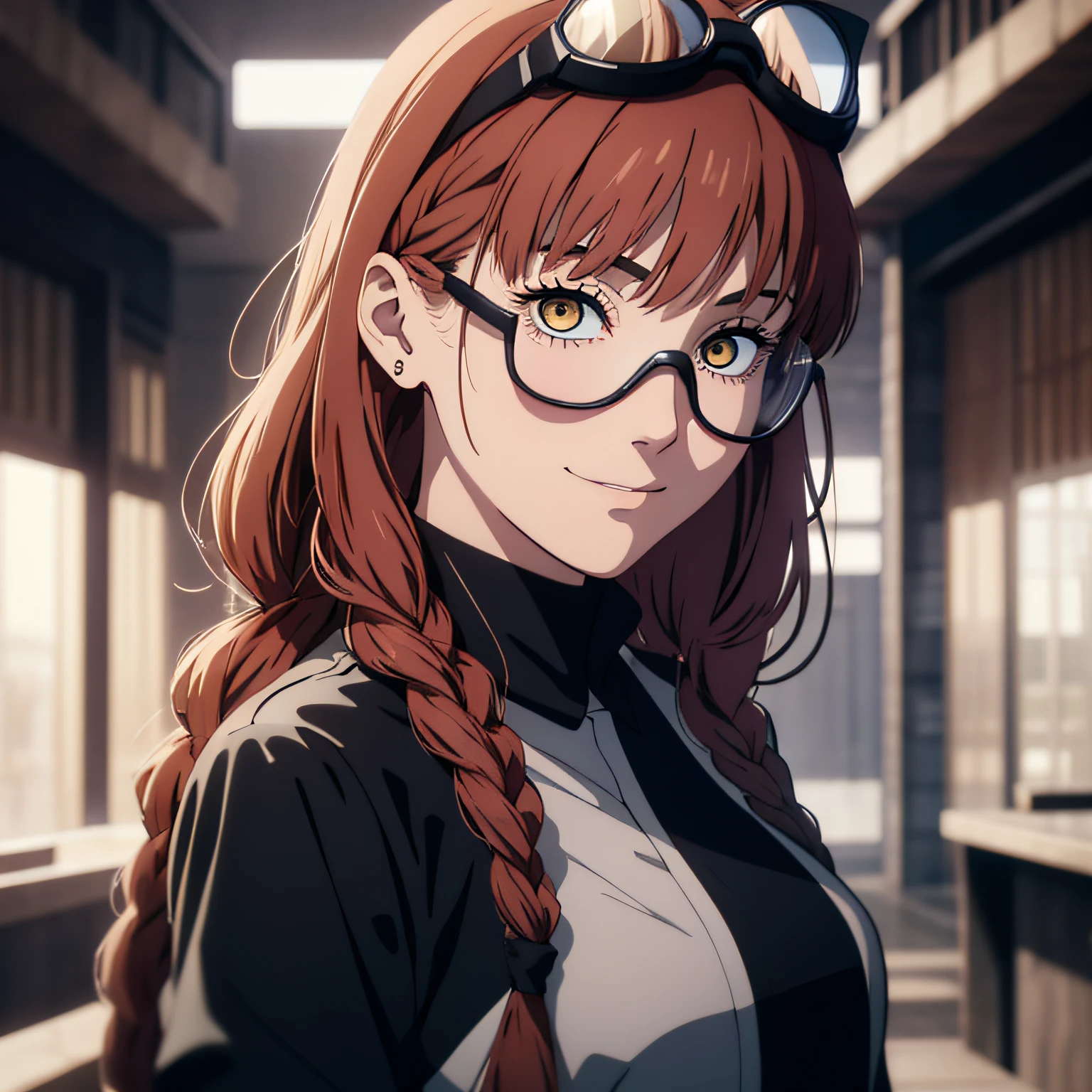 a beautiful young woman braid with brown hairstyle fringe, Enigmatic feline eyes, olhos amarelos, wearing goggles, Enigmatic smile, boca fechada, usando roupas formais, gravata preta, cinematic lighthing, Epic composition, rosto detalhado, olhos detalhados, extremamente detalhado.