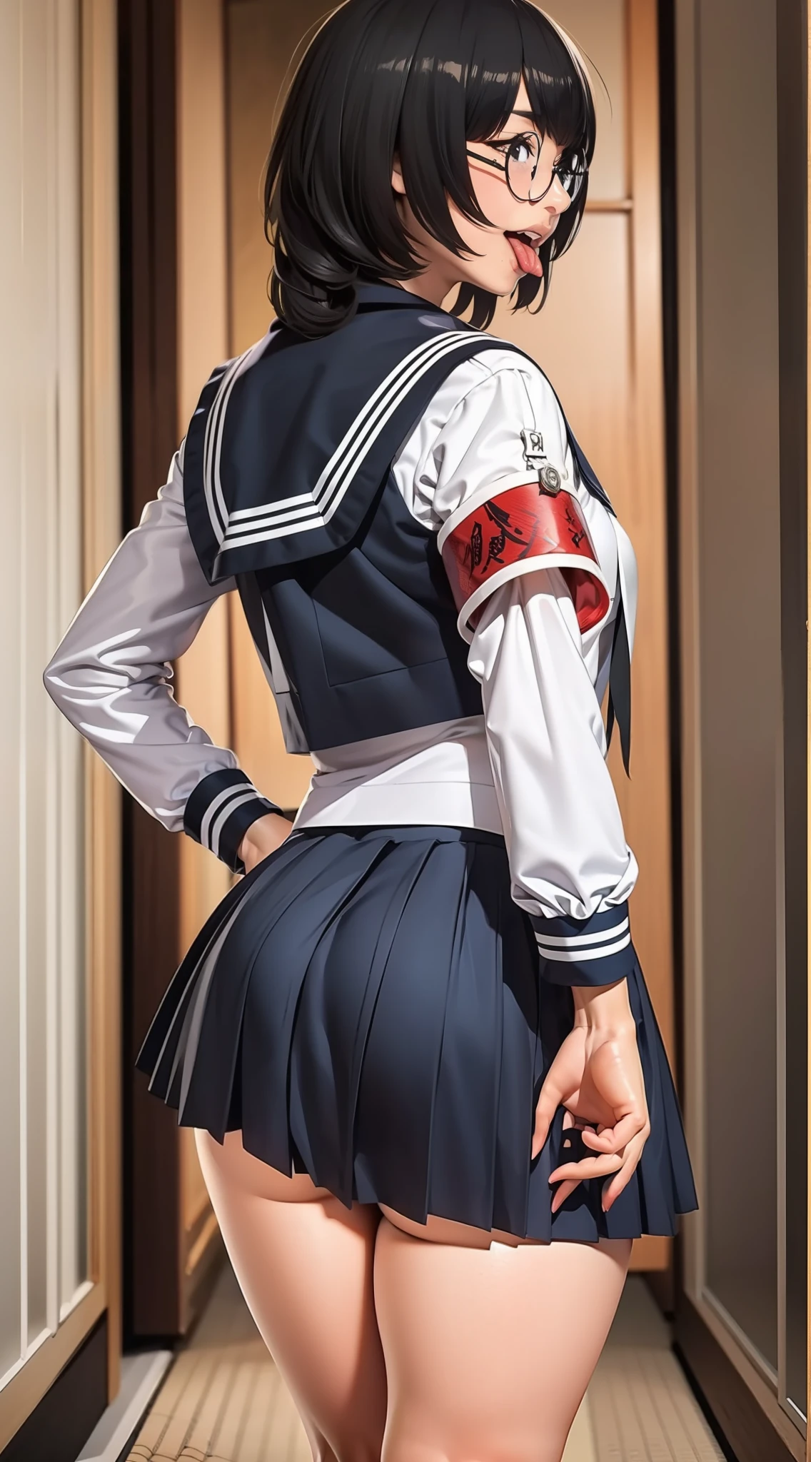 Suzuka, atarashi gakko, black hair, medium hair, glasses, tongue, nsfw, ecchi, rule 34, hentai, back view, white seifuku uniform, blue tight skirt, standing upright, close up, wallpaper