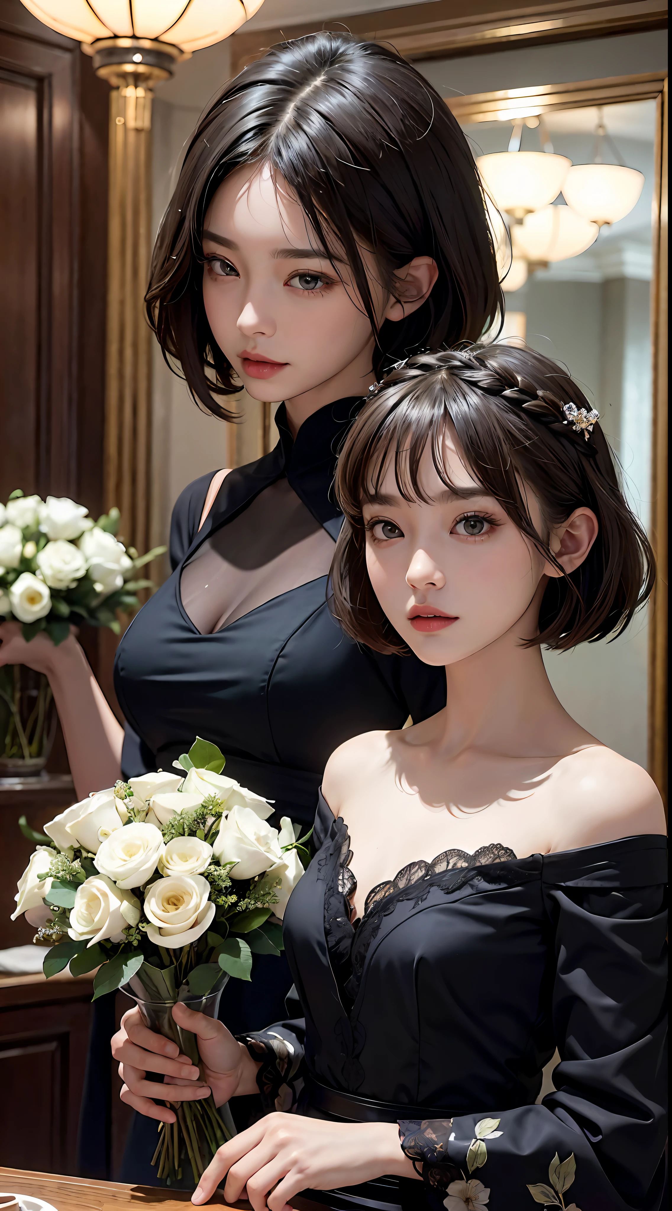​masterpiece, 1 beautiful girls, (((very_short_hair))), Eye details, Swollen eyes, Top image quality, 超A high resolution, (Realistis: 1.4), OriginalPhotographs, 1Girl, Cinematographic lighting, japanes, Asian Beauty, Korean, very beautif, Beautiful skins, thin,  (A hyper-realistic), (hight resolution), (8 K), (ighly detailed), (The best illustrations), (beautifully detailed eyes), (ultra-detailliert), A detailed face, see the beholder, Facing straight ahead, Neat Clothing, shorth hair、A dark-haired、46-point diagonal bangs、Interior background of luxury hotel、flower arrangement、vases、Neat and clean