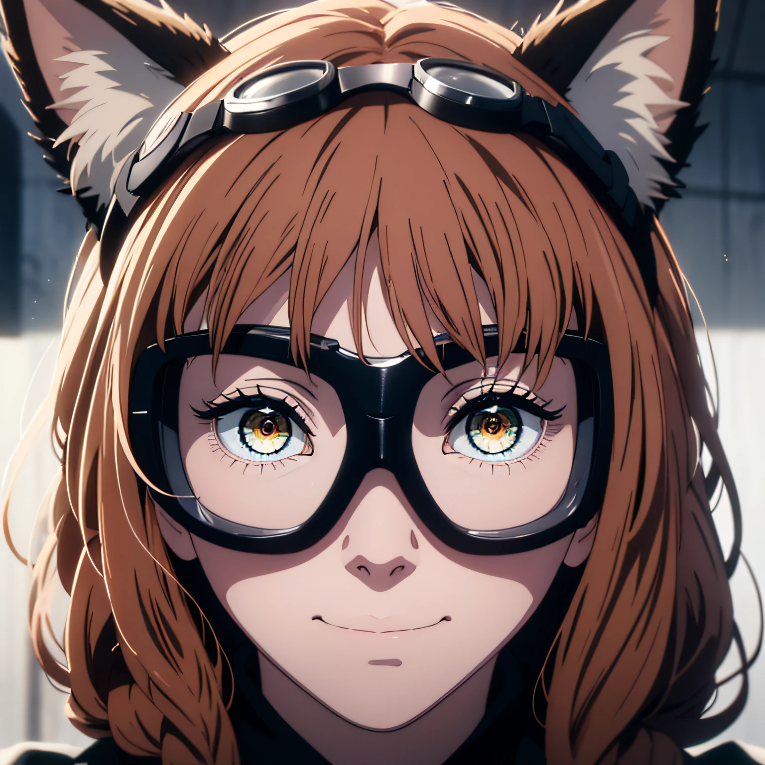 a beautiful young woman braid with brown hairstyle fringe, Enigmatic feline eyes, olhos amarelos, wearing goggles, Enigmatic smile, boca fechada, usando roupas formais, gravata preta, cinematic lighthing, Epic composition, rosto detalhado, olhos detalhados, extremamente detalhado.
