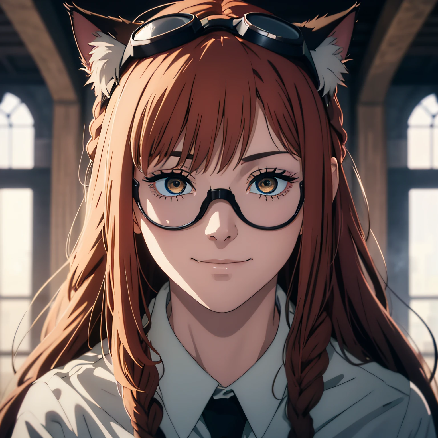 a beautiful young woman braid with brown hairstyle fringe, Enigmatic feline eyes, olhos amarelos, wearing goggles, Enigmatic smile, boca fechada, usando roupas formais, gravata preta, cinematic lighthing, Epic composition, rosto detalhado, olhos detalhados, extremamente detalhado.