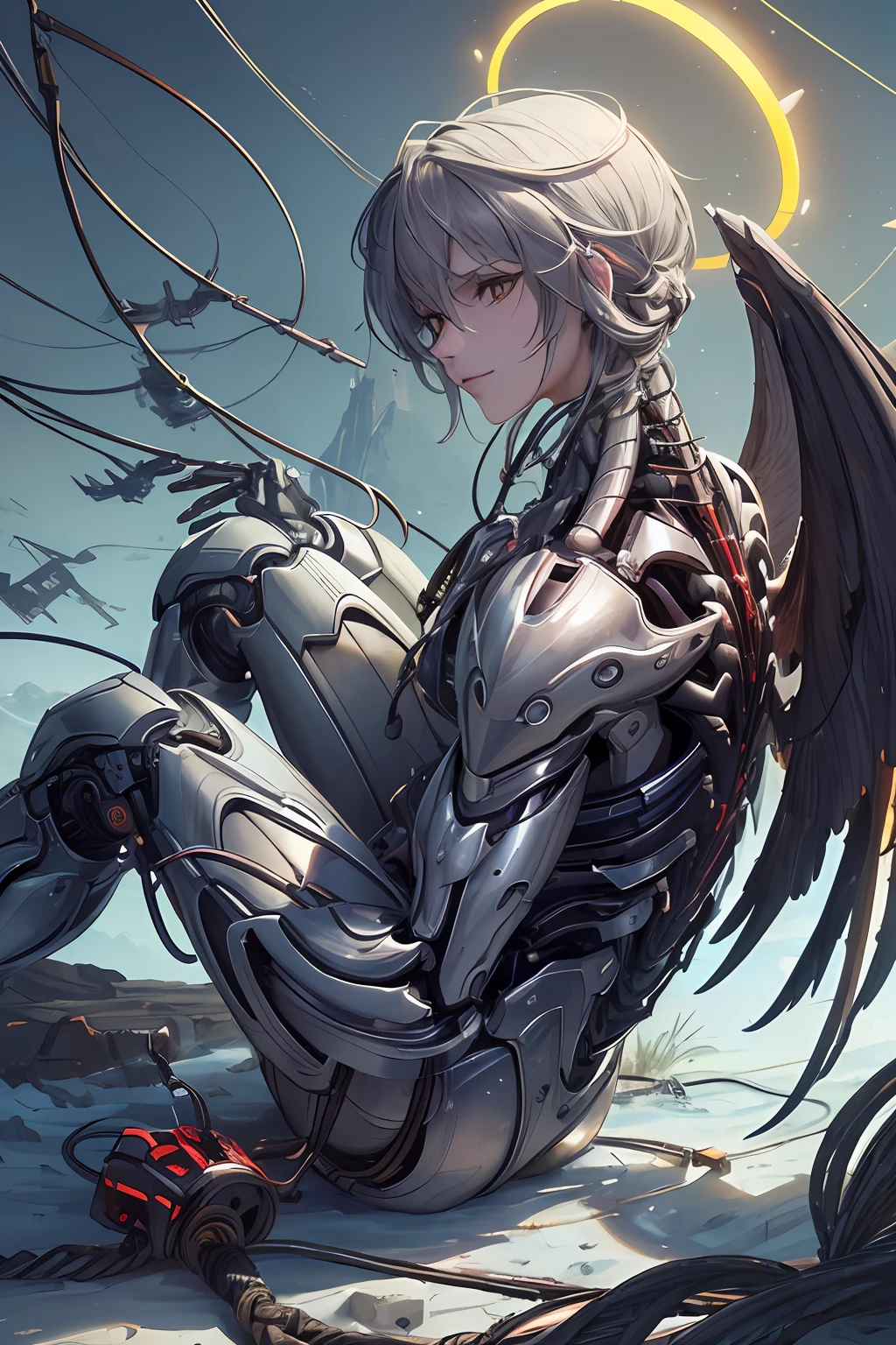 ((((masterpiece))), ((best quality))), ((ultra-detailed)), (CG illustration), ((an extremely buff and muscular)),(from side),cinematic light, ((1 mechanical man)), single, full-body, (machine-made joint: 1.2), ( (mechanical limbs)), (blood vessels connected to tubes), (mechanical spine connected to back), ((mechanical cervical vertebrae attached to neck)),((mechanical angel- like wings attached to back)), (halo), (sitting), serious grin, (wires and cables around the neck: 1.2), (wires and cables on the head: 1.2) (character focus), sci-fi, extremely buff, colored, the finest grey hair, yellow eyes, in battle, (knotted), (killing), (1 immortal)