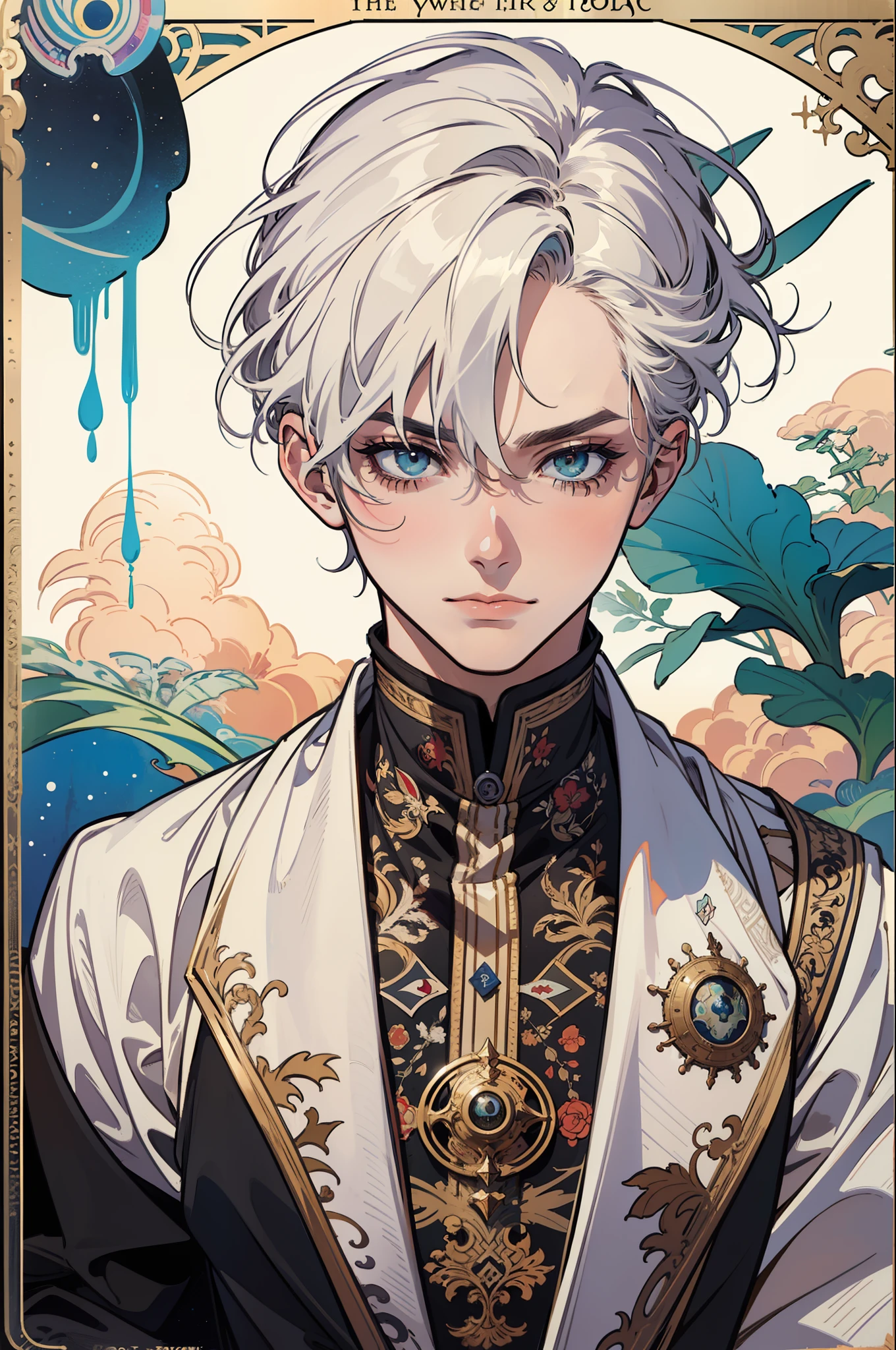 masterpiece, best quality, 1 male, adult, short white hair, the fool \(tarot\),bard, clown,Symbolism,Visual art,Occult,Universal,Vision casting,Philosophical,Iconography,Numerology,Popularity,Artistic, Alfons Mucha