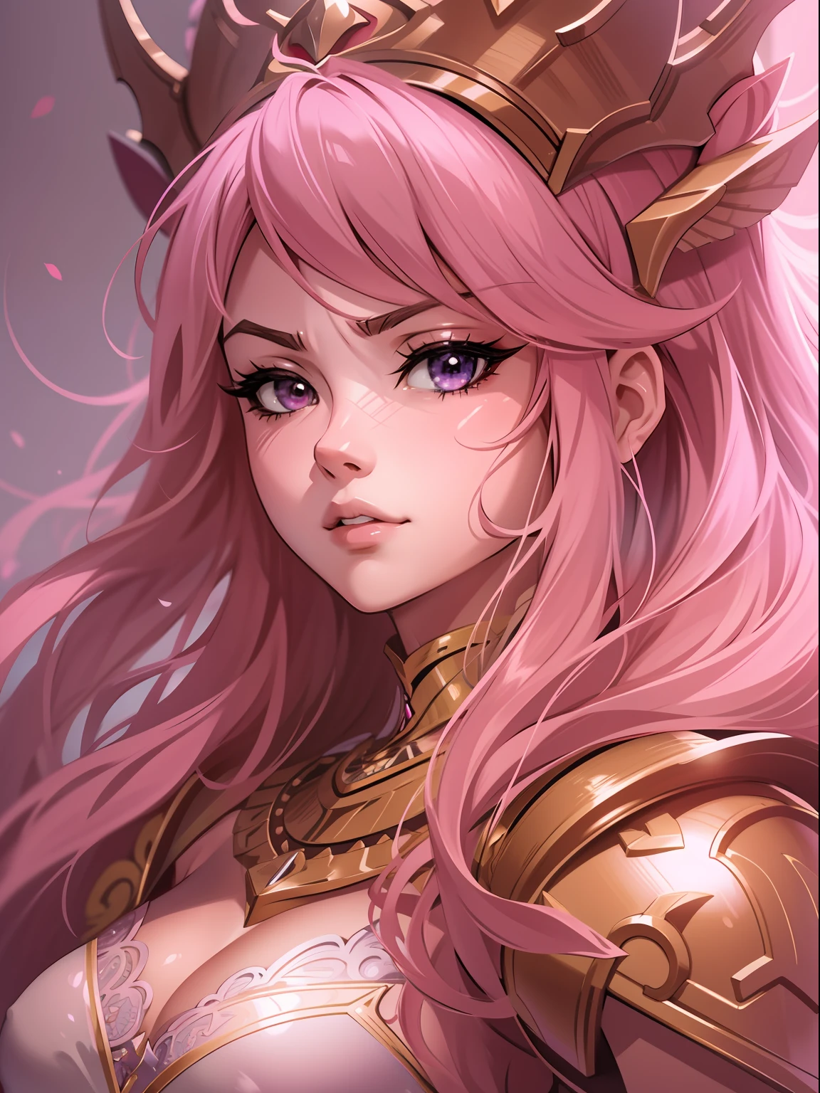 anime drawing, warrior princess with a pink warmor, expression serious, close-up intensity, masterpiece, best quality, ultra-detailed, cinematic beautiful lighting, intricate details, looking at viewer, depth of field-ar 2:3-s 200