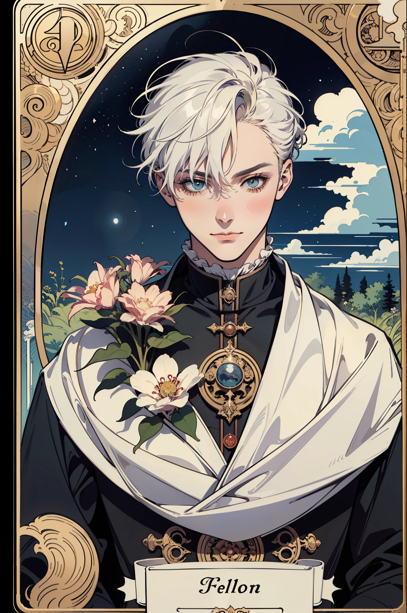masterpiece, best quality, 1 male, adult, short white hair, the fool \(tarot\),bard, clown,Symbolism,Visual art,Occult,Universal,Vision casting,Philosophical,Iconography,Numerology,Popularity,Artistic, Alfons Mucha