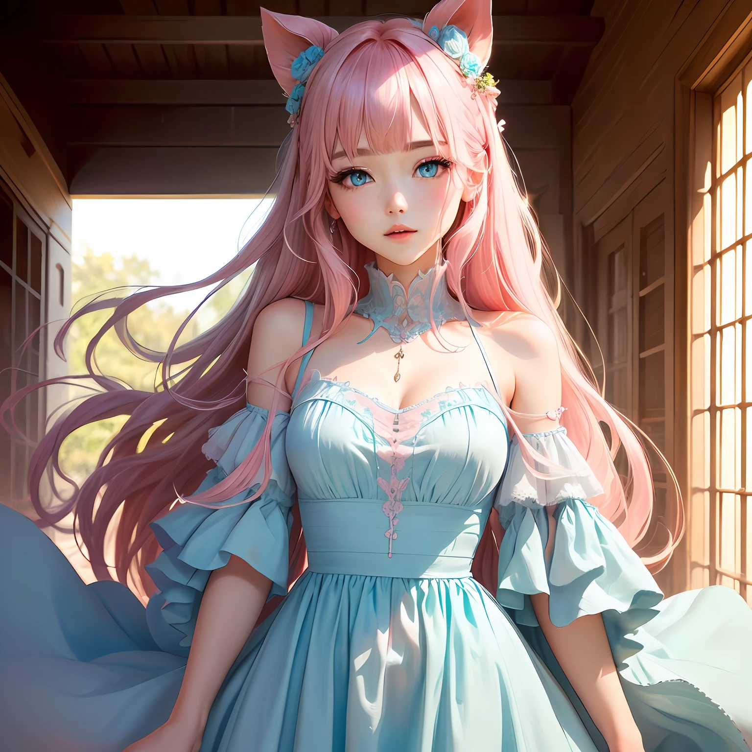 Pink long hair, melon seed face, light blue eyes, pink dress