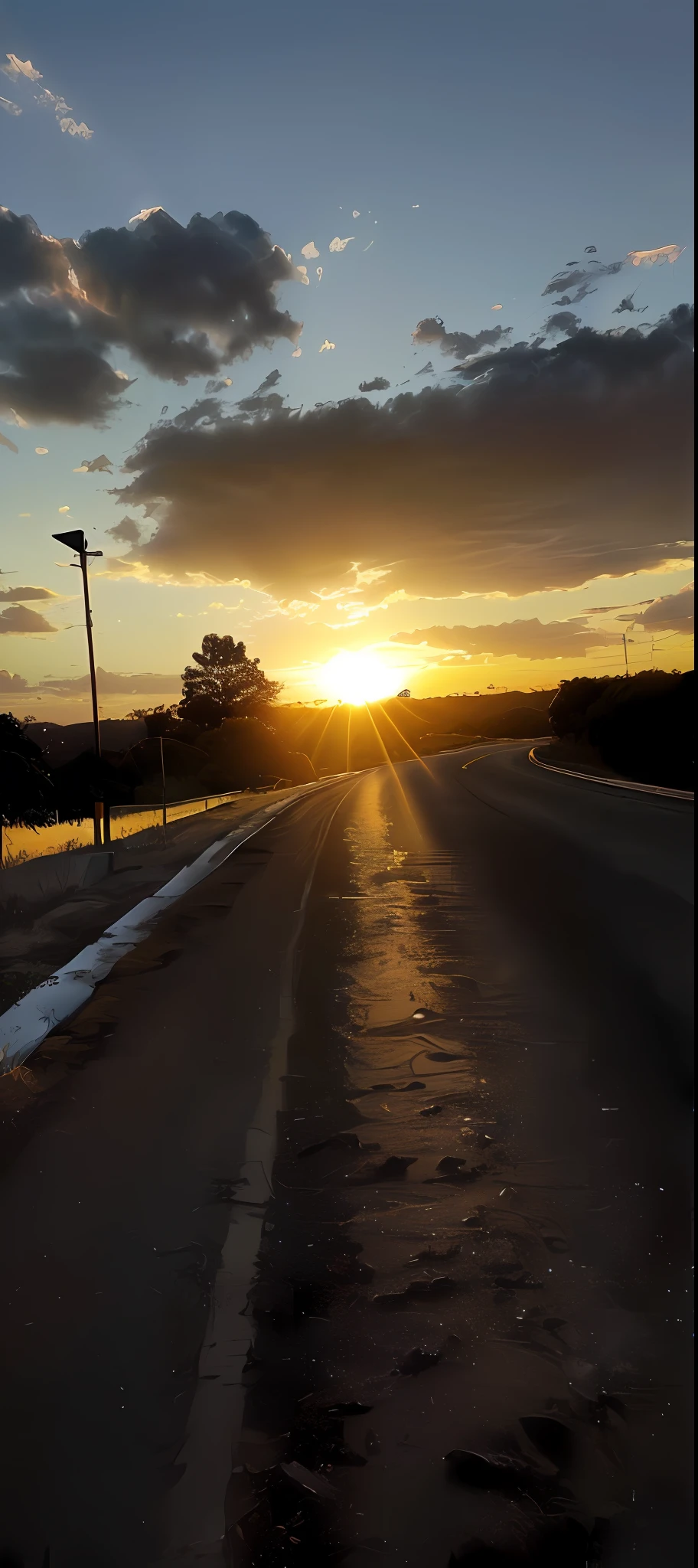 Arafed view of a road with a sunset in the background, highway and sunset!!, As the sun sets on the horizon, sunset in the distance, going forward to the sunset, during sunset, in the sunset, morning golden hour, O Sol no Horizonte, sunset ligthing, in the sunset, beautiful late afternoon, setting sun, setting sun, melhorar qualidade, 4K分辨率