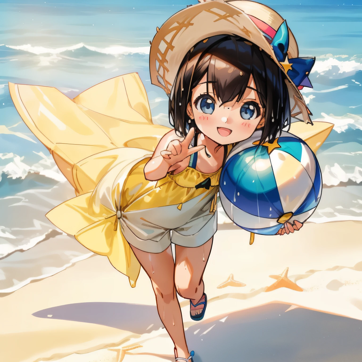 (Highly detailed CG Unity 8k wallpaper), (Best Quality), (Super Detail), (Best Illustration), (Best Shadow), POV, Realistic lighting and shading, Natural light, Lens flare effect, BREAK, 1 beautiful girl, Solo,(Cute:1.5),(Chibi:0.8), (kawaii:1.5),(Lori:0.5), BREAK,  ((girl, Cute, Cheerful, Loli face, slightly bulging chest,(A dark-haired,a short bob,tareme:1.2), gleaming skin, Stuffed rabbit,BREAK,Black Bunny Years Hair Band,(Wet Casual Beachwear:1.2), (lightweight summer one-piece dress:1.2), (a straw fedora hat:1.0), (flipflops:1.0), (star-shaped earring:1.1), (Lace headband:1.0), (Cute Accessories:1.3), (self-satisfied look :D:1.1), (Casual pose, Walking:1.3), (Beach background:1.3), (Holding a beach ball:1.1), BREAK,🌇,