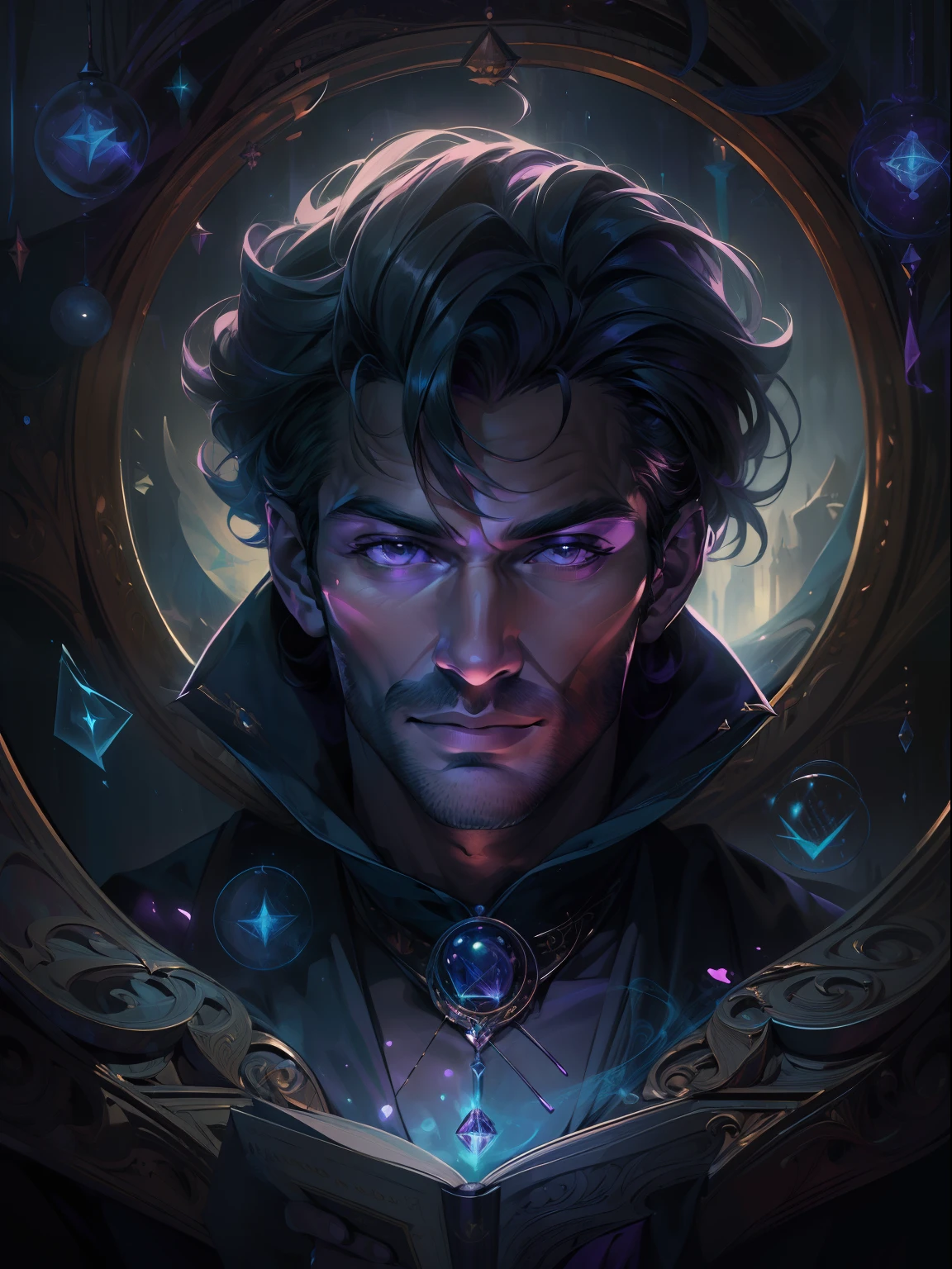 (masterpiece, best quality:1.4),(absurdres, highres, ultra detailed:1.2), (1 handsome man:1.4),(using dark magic:1.4),purple magic,playful illustrations, imaginative overlays, artistic fusion,fantastical scenes, evocative narratives, striking visuals, upper body