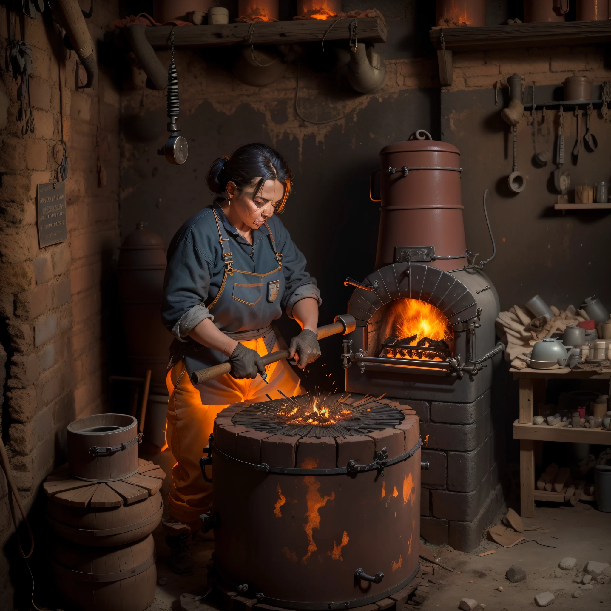 ferreiro em uma forja" Entre em uma forja de ferreiro tradicional, where the skilled craftswoman Eleanor, em seu robusto traje de trabalho, forge metal with precision. The orange glow of the furnace and the rhythmic sound of the hammer illustrate the essential role of the craftsmen of the time.