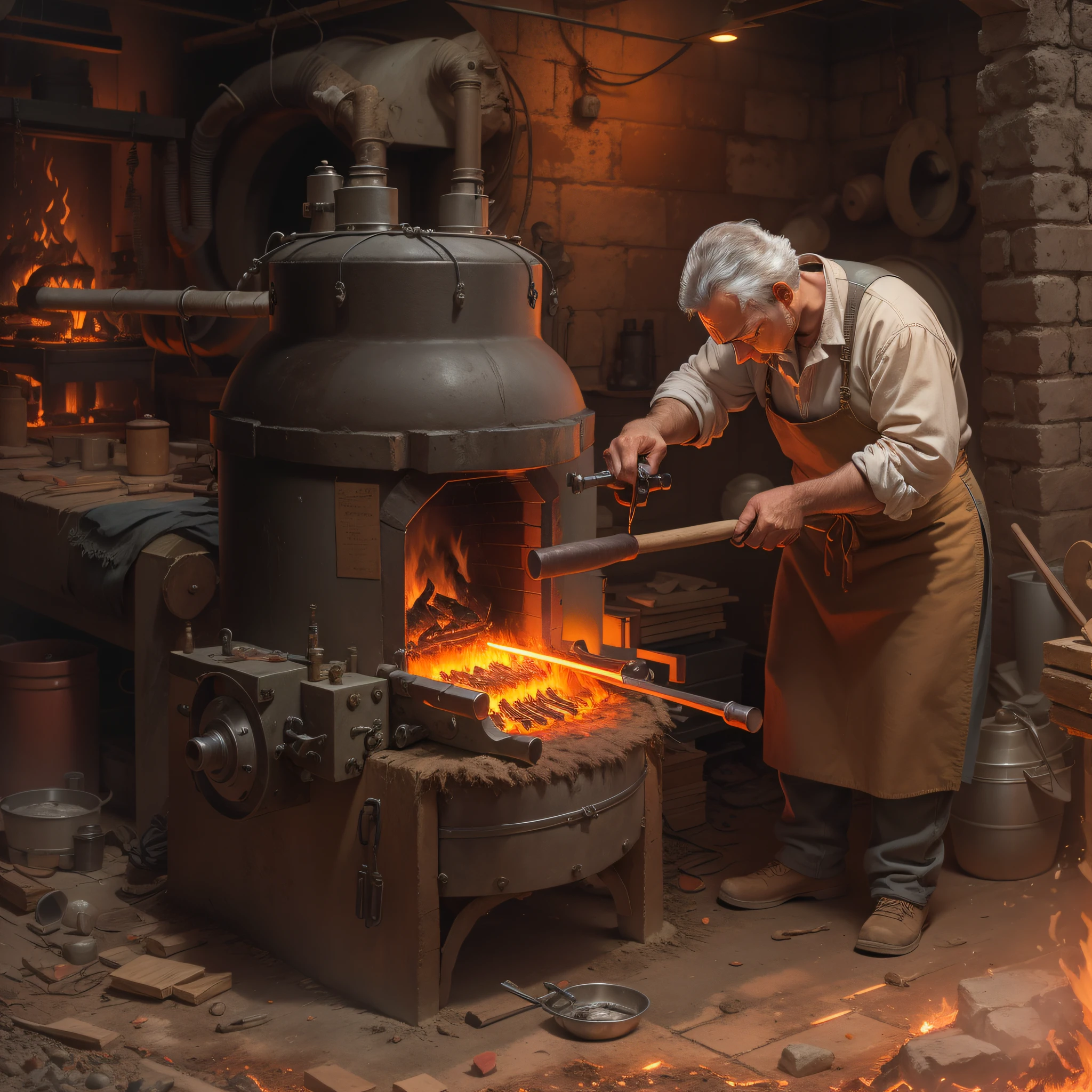 ferreiro em uma forja" Entre em uma forja de ferreiro tradicional, where the skilled craftswoman Eleanor, em seu robusto traje de trabalho, forge metal with precision. The orange glow of the furnace and the rhythmic sound of the hammer illustrate the essential role of the craftsmen of the time.
