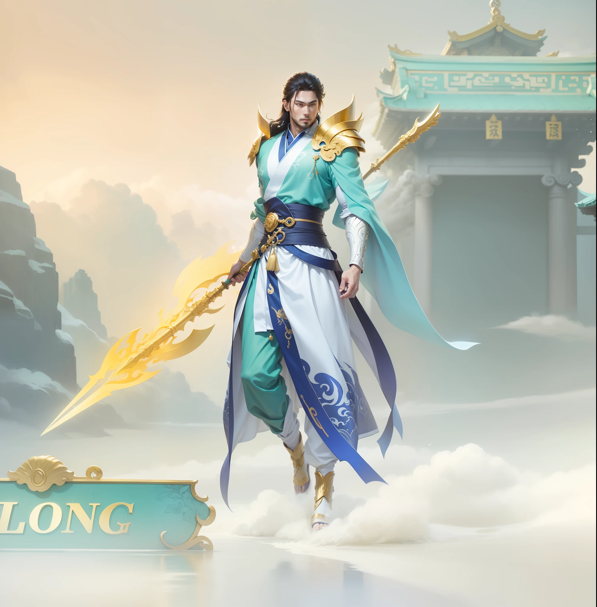 A god with golden spear, flying on the Water, Clouds effect,, Heaven, Green clothes, golden armor, tailed hair, highly detailed face, handsome guy, chinese temple behind him, Luxury clothes, A flying god, Amazing, masterpiece, 8k, detailed eyes, Ultra quality, realistic, Divine god,