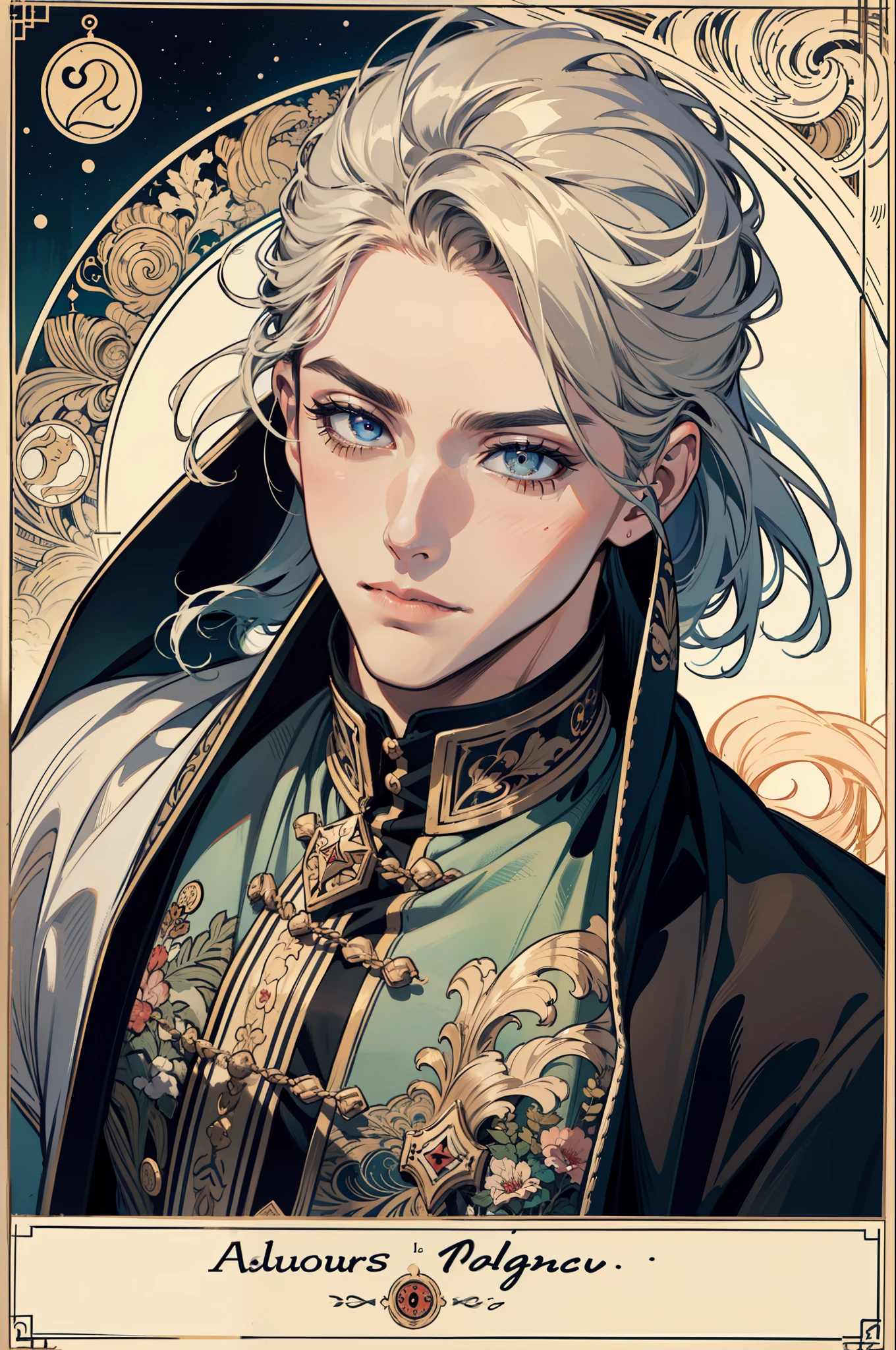 (absurdres, highres, ultra detailed), 1 male, adult, handsome, tall muscular guy, broad shoulders, finely detailed eyes and detailed face, the fool \tarot\, bard, clown, Symbolism, Visual art, Occult, Universal, Vision casting, Philosophical, Iconography, Numerology, Popularity, Artistic, Alfons Mucha