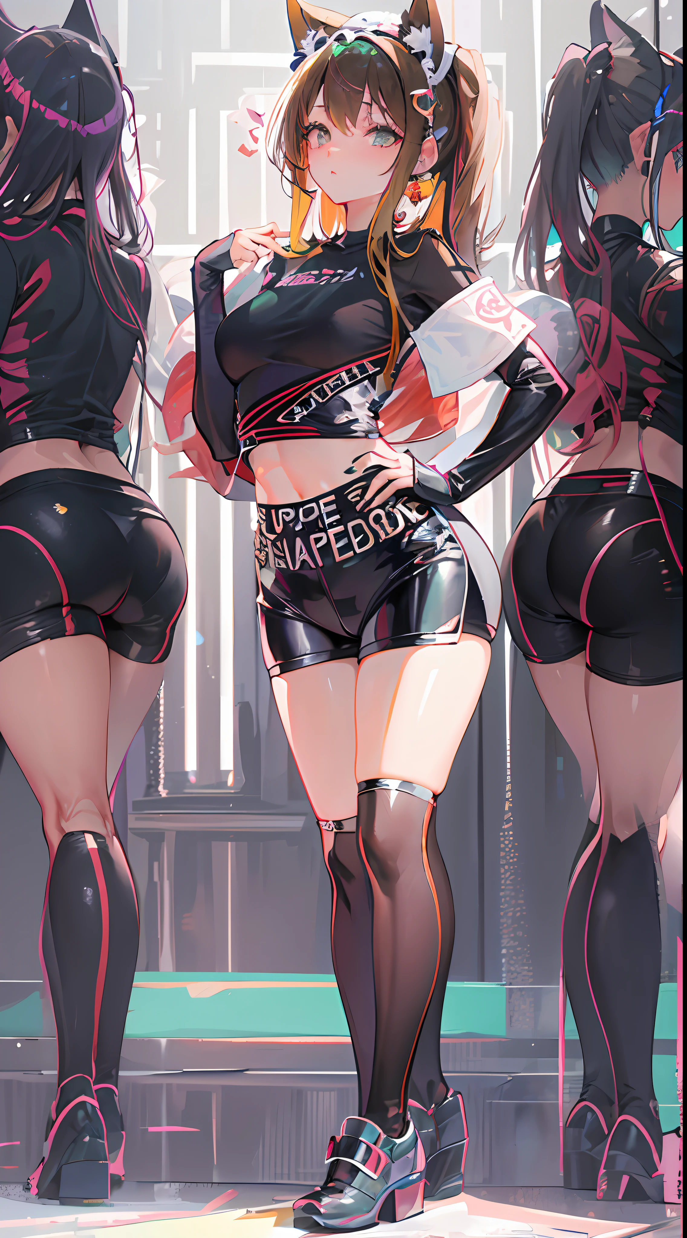 ((Masterpiece)), best quality, absurderes, ultra detailed, holographic, cowboy shot, dynamic pose, golden ratio, super cute girl, mature girl, extremely beautiful, super beautiful asian girl with super beautiful brown shiny eyes, super petite and sexy body, super beautiful legs, super beautiful brown multicolored short hair, high ponytail, shiny and super beautiful skin, nice and sexy body, slim and delicate body, perfect body, wearing a super tight black short sleeve crop top, bare shoulders, super tight translucid black leggings, hot panties, fox hairband, being photographed in a popular kawaii food court