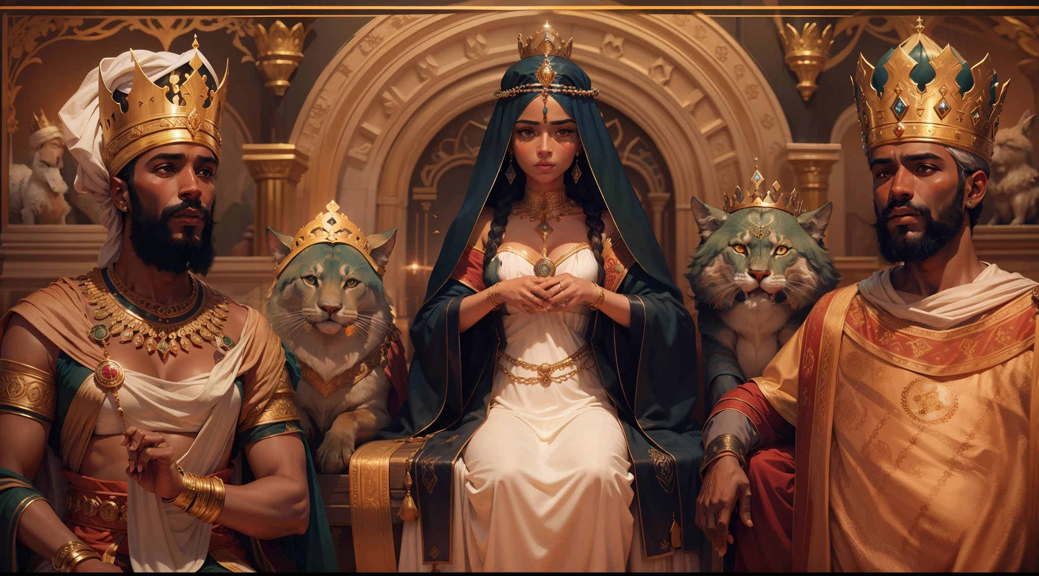 (Detailed wording) melhor qualidade, 500px, Crie uma Tumbnail com 3 personagens, the first is the Queen of Sheba in the center of the image and on her right side create the image of King Solomon, e do seu lado esquerdo crie a imagem do filho da rainha Menelik I