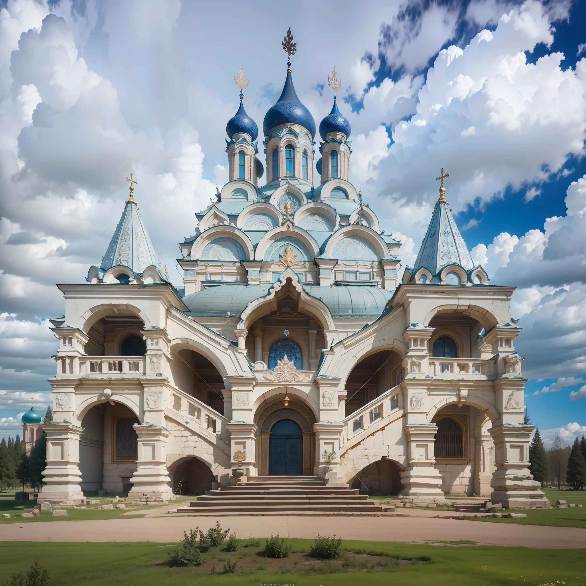 ((ancient temple)), ((Temple of Tartary)), russian architecture, russian temple, Old Russian architecture, Beautiful architecture, Exquisite architecture, Stunning architecture, Magnificent architecture, stunning grand architecture, with large domes and arches, 35 12