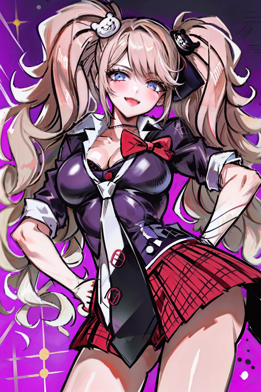 long hair, 1girl, hair ornament, twintails, solo, breasts, blue eyes, cleavage, bow, bear hair ornament, necktie, blonde hair, smile, bangs, large breasts, looking at viewer, collarbone, shirt, nail polish, red bow, black shirt, underwear, bra, skirt, choker, black bra, sleeves rolled up, white necktie, red nails, open mouth, pleated skirt, red skirt, shiny, teeth, medium breasts, miniskirt, shiny hair, upper body, school uniform, pink hair, boots, upper teeth only, plaid skirt, blush, knee boots, plaid, black footwear, cross-laced footwear, junko enoshima, muscular female,