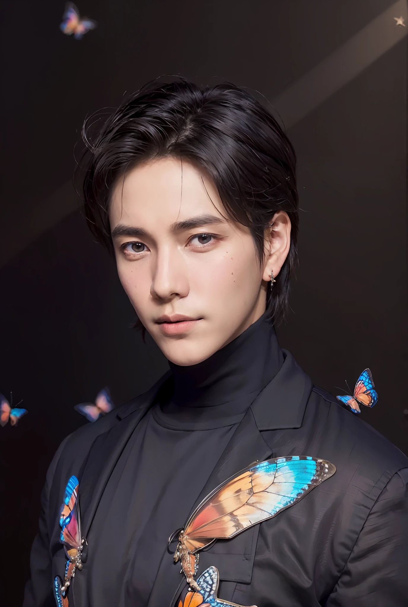 Realistic, (masterpiece, top quality, best quality, official art), very detailed, colorful, most detailed, gods, short hair, (glowing red eyes), mysterious, (magic), handsome man, butterfly, fullbody shot, full body shot, night, starry sky, butterflys flying around him