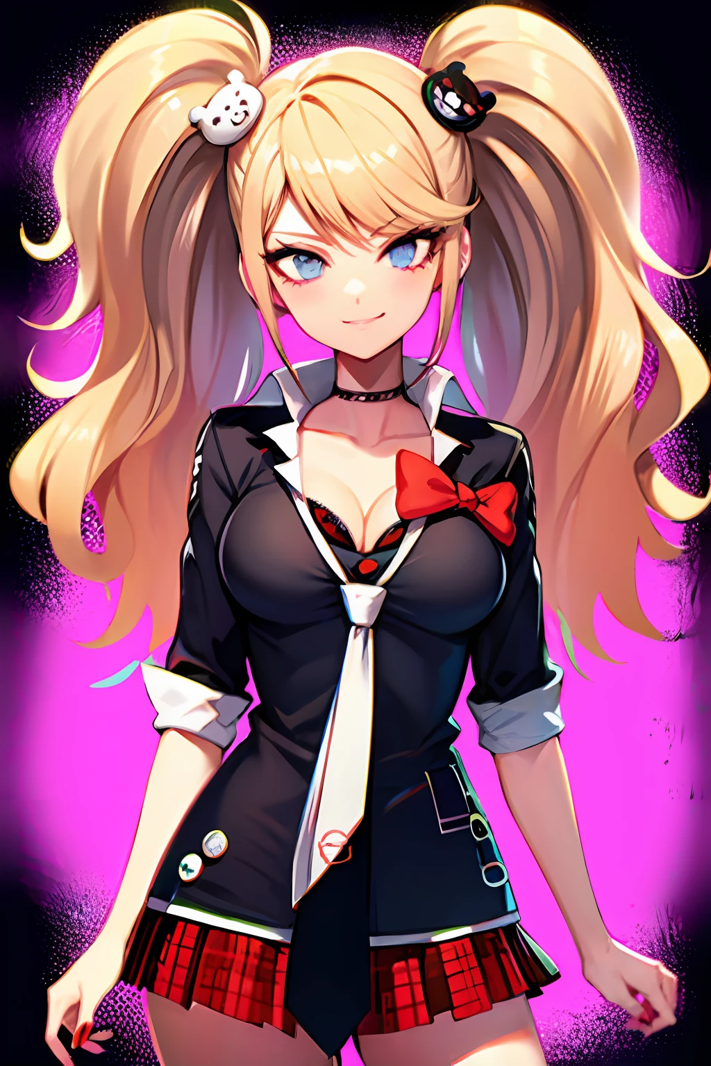 junko enoshima, blonde long hair, 1girl, twintails, solo, breasts, blue eyes, cleavage, collarbone, large breasts, bangs, blush, closed mouth, smirk, looking at viewer, upper body, bear hair ornament, nail polish, red nails, red bow, black shirt, underwear, choker, black bra, sleeves rolled up, white necktie, pleated plaid red skirt, school uniform, black cross-laced knee boots, shiny, shiny hair, botw style,