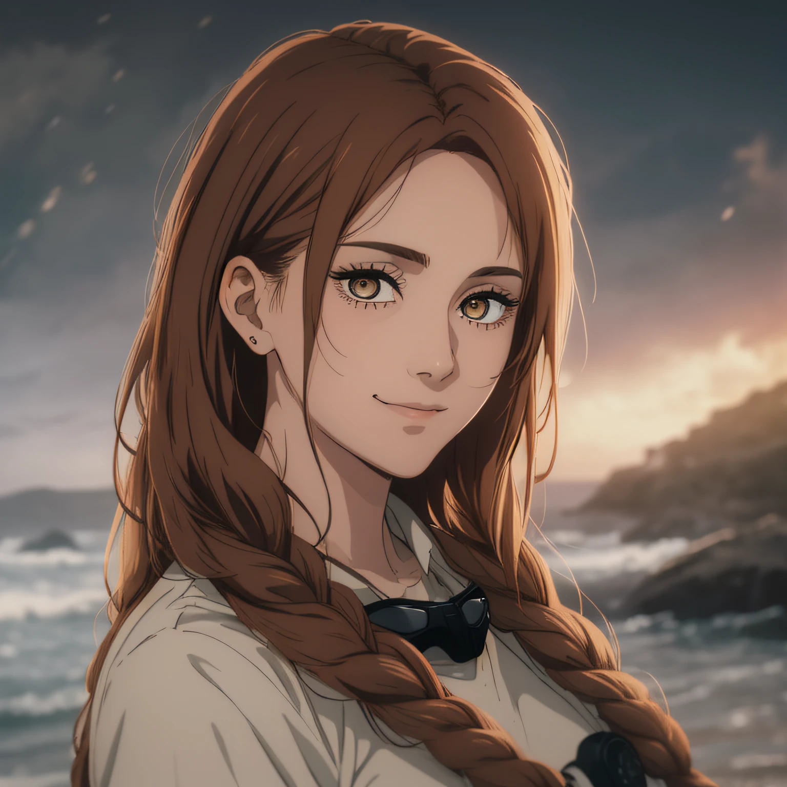 a beautiful young woman braid with brown hairstyle fringe, Enigmatic eyes, olhos amarelos, wearing goggles, Enigmatic smile, boca fechada, usando roupas formais, gravata preta, cinematic lighthing, Epic composition, rosto detalhado, olhos detalhados, extremamente detalhado.