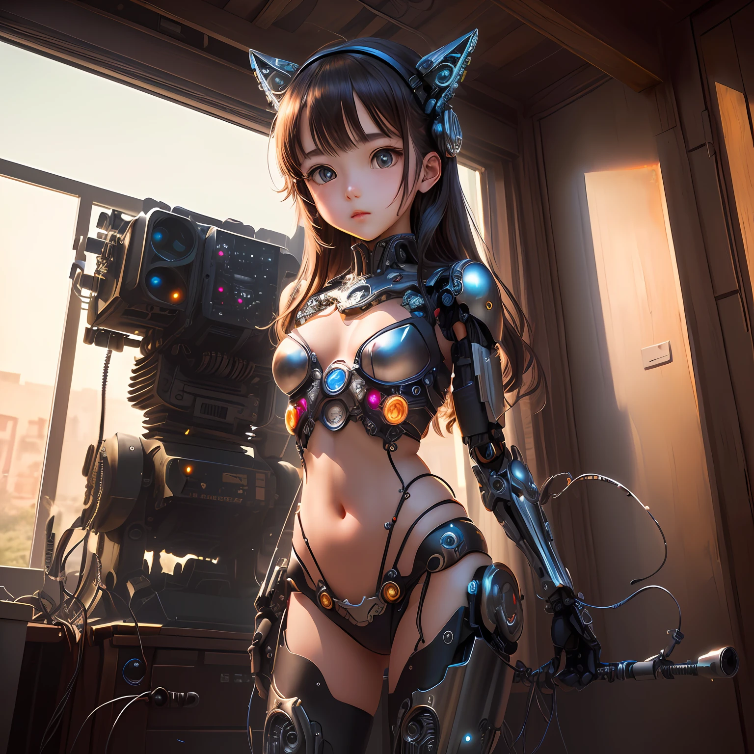 A cute loli made of metal, (Cyborg:1.1), ([Big tail | Complex wires]:1.3), (Intricate details:1.2), hdr, (Intricate details, ultra - detailed:1.2), cinema shot, Vignette, Centered