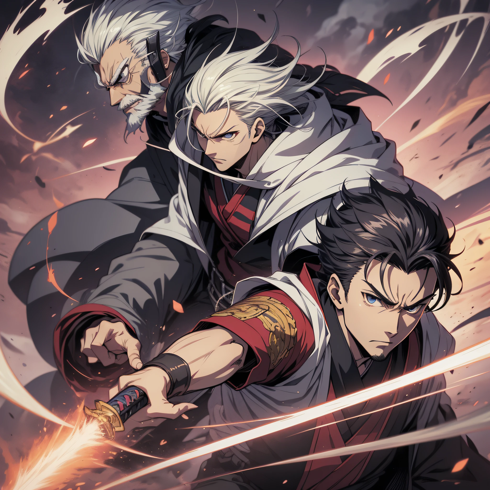personagem de anime em kimono branco e preto com um cabelo branco, Armadura samurai, segurando uma Katana, expression serious, intimidador, Badass, Estilo anime, old man style anime manga, Shonen, Epic anime style, Epic Battle, cabelo rodopiante, Inspirado em genryusai yamamoto, digital advanced anime art ", Tite Kubo traits, Japanese Lightning God, striking manga artstyle, Estilo anime"