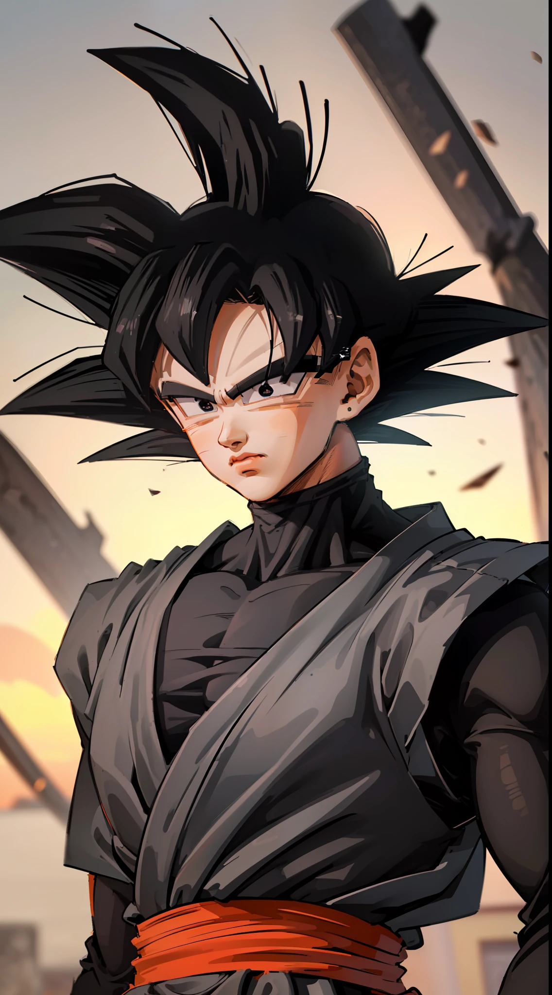 ((highest quality, masterpiece, 4k, finely detailed, detailed eyes, detailed face, intricate details, pixiv, gelbooru, DRAGON BALL SUPER STYLE)), male, masculine, spikey hair, black hair, (((Goku Black (Dragon_Ball_Super))))