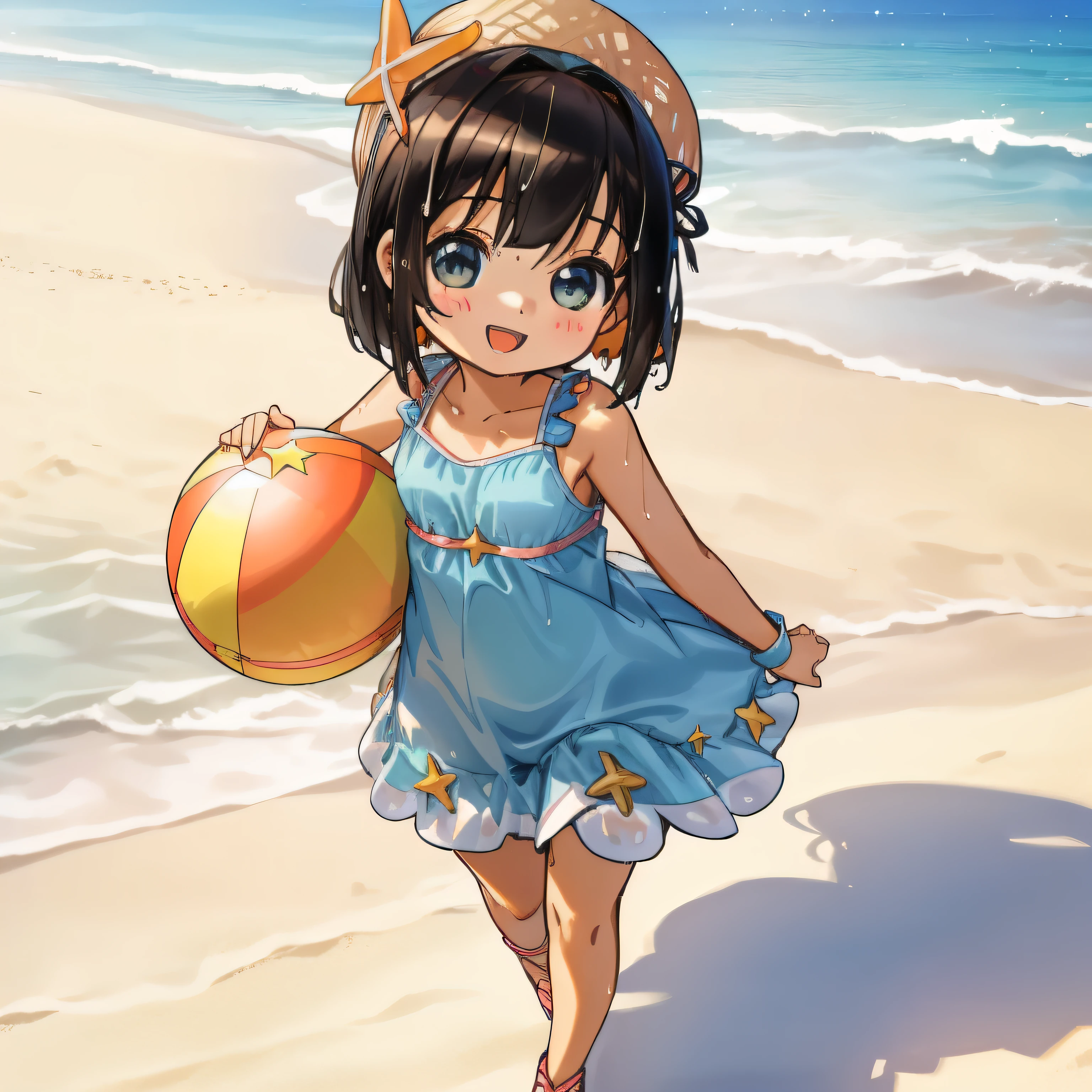 (Highly detailed CG Unity 8k wallpaper), (Best Quality), (Super Detail), (Best Illustration), (Best Shadow), POV, Realistic lighting and shading, Natural light, Lens flare effect, BREAK, 1 beautiful girl, Solo,(Cute:1.5),(Chibi:0.8), (kawaii:1.5),(Lori:0.5), BREAK, ((girl, Cute, Cheerful, Loli face, slightly bulging chest,(A dark-haired,a short bob,tareme:1.2), gleaming skin, Stuffed rabbit,BREAK,Black Bunny Years Hair Band,(Wet Casual Beachwear:1.2), (lightweight summer one-piece dress:1.2), (a straw fedora hat:1.0), (flipflops:1.0), (star-shaped earring:1.1), (Lace headband:1.0), (Cute Accessories:1.3), (self-satisfied look :D:1.1), (Casual pose, Walking:1.3), (Beach background:1.3), (Holding a beach ball:1.1), BREAK,🌇,