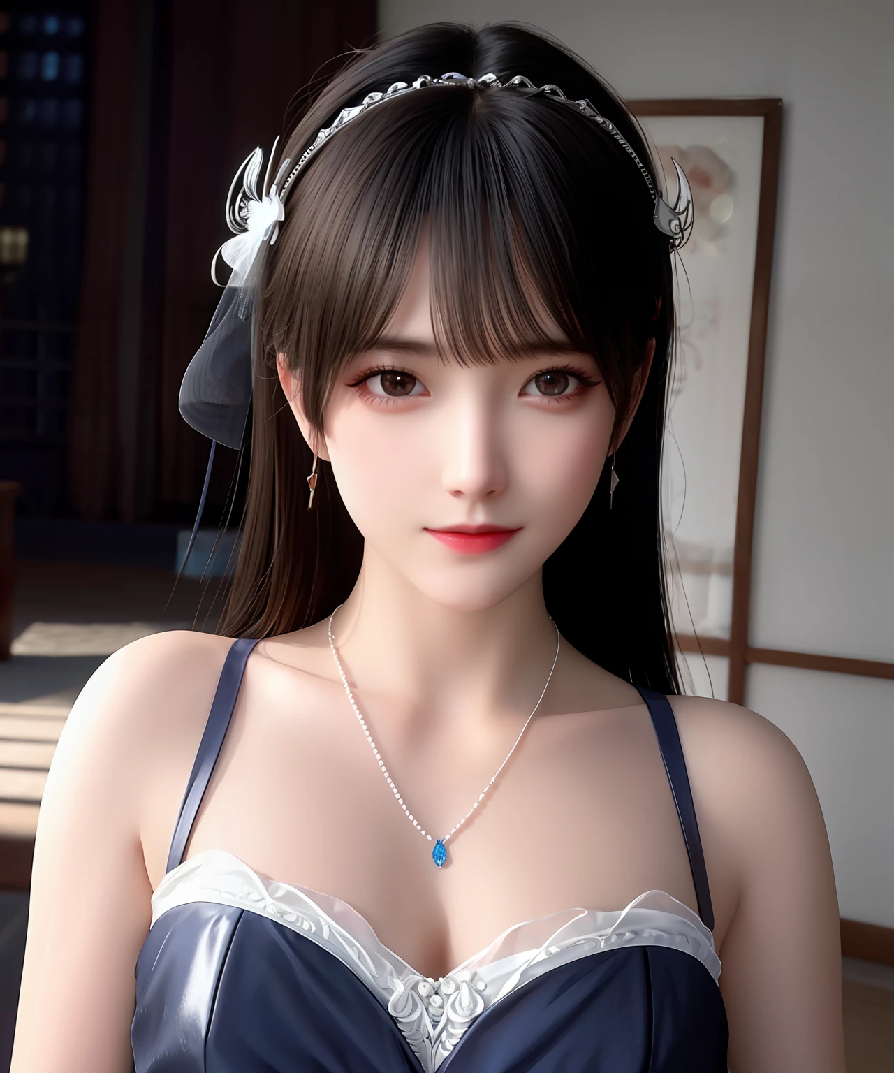 Best quality, masterpiece, high resolution, 1girl, porcelain dress, hair accessories, necklace, jewelry, beautiful face, on the body, Tyndall effect, realistic, dark studio, edge lighting, two-tone lighting, (high detail skin: 1.2), 8k UHD, dslr, soft light, high quality, volumetric light, candid, photo, high resolution, 4k, 8k, background blur,