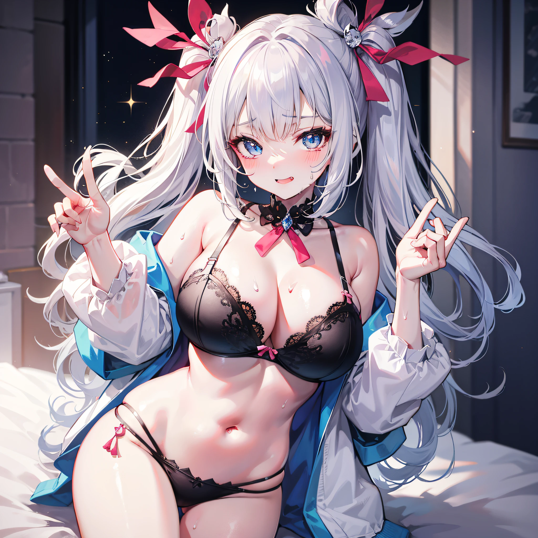 (Hi-Res), (Absurd), (Best Quality), (High Quality), (Masterpiece), Silver Hair, Blue Eyes, Twin Tails, Hair Above One Eye, (Big), White Thighs, Looking at Viewer, Wet, Sweat, Embarrassed, 8K, High Quality, Smile, Show Cleavage, Movie Lighting, Beautiful Fingers, Well-Formed Fingers, High Detail, Sony FE GM, Cute, Heart Eyes, Embarrassing, Drooling, Navel, Sweat, Wet, big, white skin, light hair, blushing cheeks, crystal clear white skin, shining eyes, on bed, colored contact lenses, anime style, motion lines, sparkly eyes, super big, that are about to burst, taut breasts, enormous breasts, dripping sweat, shoulders, shiny hair, grinning gaze, post-facto, ruffled bra, lower breasts, tongue out, Too big breasts, black bra, pink ribbon on hair, pink ribbon on head, double teeth, show cleavage