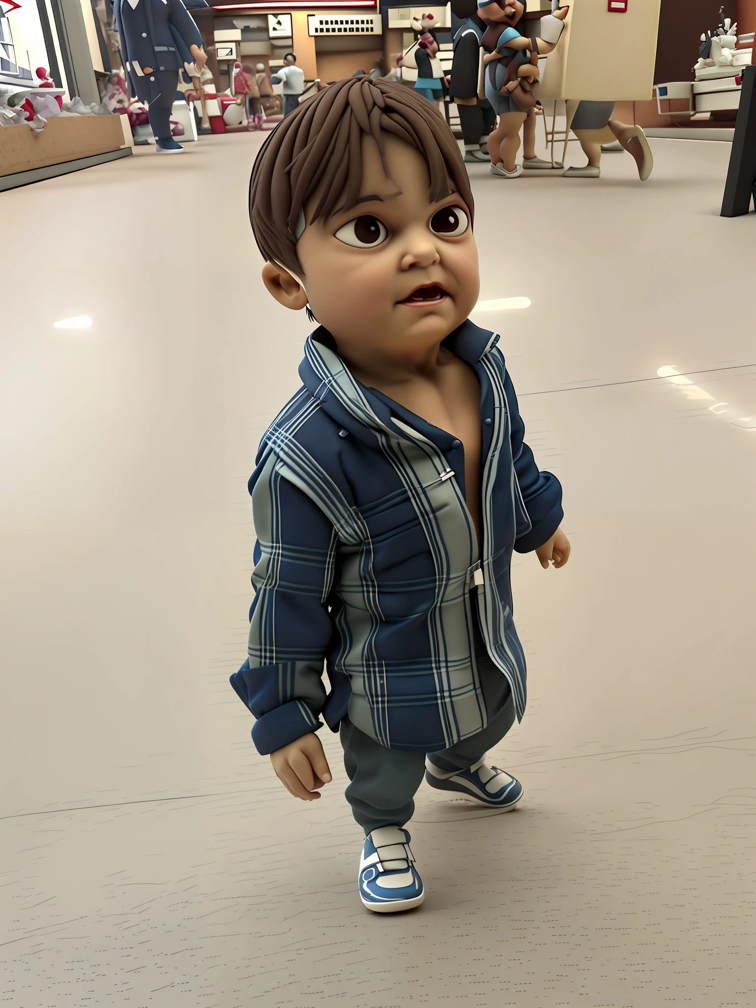 (((CBZBB))) Circular realism with big boy's head, escultura de personagens, design do brinquedo, there is a small child that is standing in a room, vestindo camisa xadrez, camisa xadrez, , rapaz, muito pequeno, como uma miniatura, com fundo neutro, Fundo desfocado, ultra realistic, (((CBZBB))), arte digital, circunstanciado, Realistic, Humanoid , Estilo Pixar, estilo miniatura, tiny, organic-looking clothing, textura gooey, simbionte, Highly detailed cinematic rendering, Raytricing ultra fotorrealista