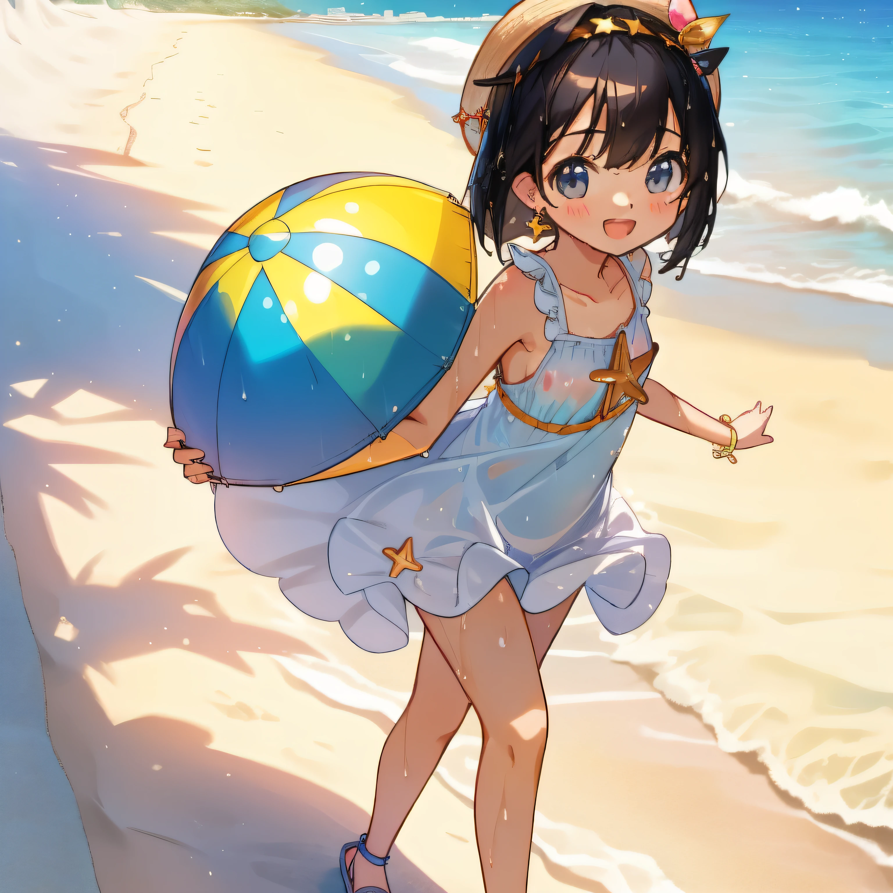(Highly detailed CG Unity 8k wallpaper), (Best Quality), (Super Detail), (Best Illustration), (Best Shadow), POV, Realistic lighting and shading, Natural light, Lens flare effect, BREAK, 1 beautiful girl, Solo,(Cute:1.5),(Chibi:0.8), (kawaii:1.5),(Lori:0.5), BREAK, ((girl, Cute, Cheerful, face, slightly bulging chest,(A dark-haired,a short bob,tareme:1.2), gleaming skin, Stuffed rabbit,BREAK,Black Bunny Years Hair Band,(Wet Casual Beachwear:1.2), (lightweight summer one-piece dress:1.2), (a straw fedora hat:1.0), (flipflops:1.0), (star-shaped earring:1.1), (Lace headband:1.0), (Cute Accessories:1.3), (self-satisfied look :D:1.1), (Casual pose, Walking:1.3), (Beach background:1.3), (Holding a beach ball:1.1), BREAK,🌇,