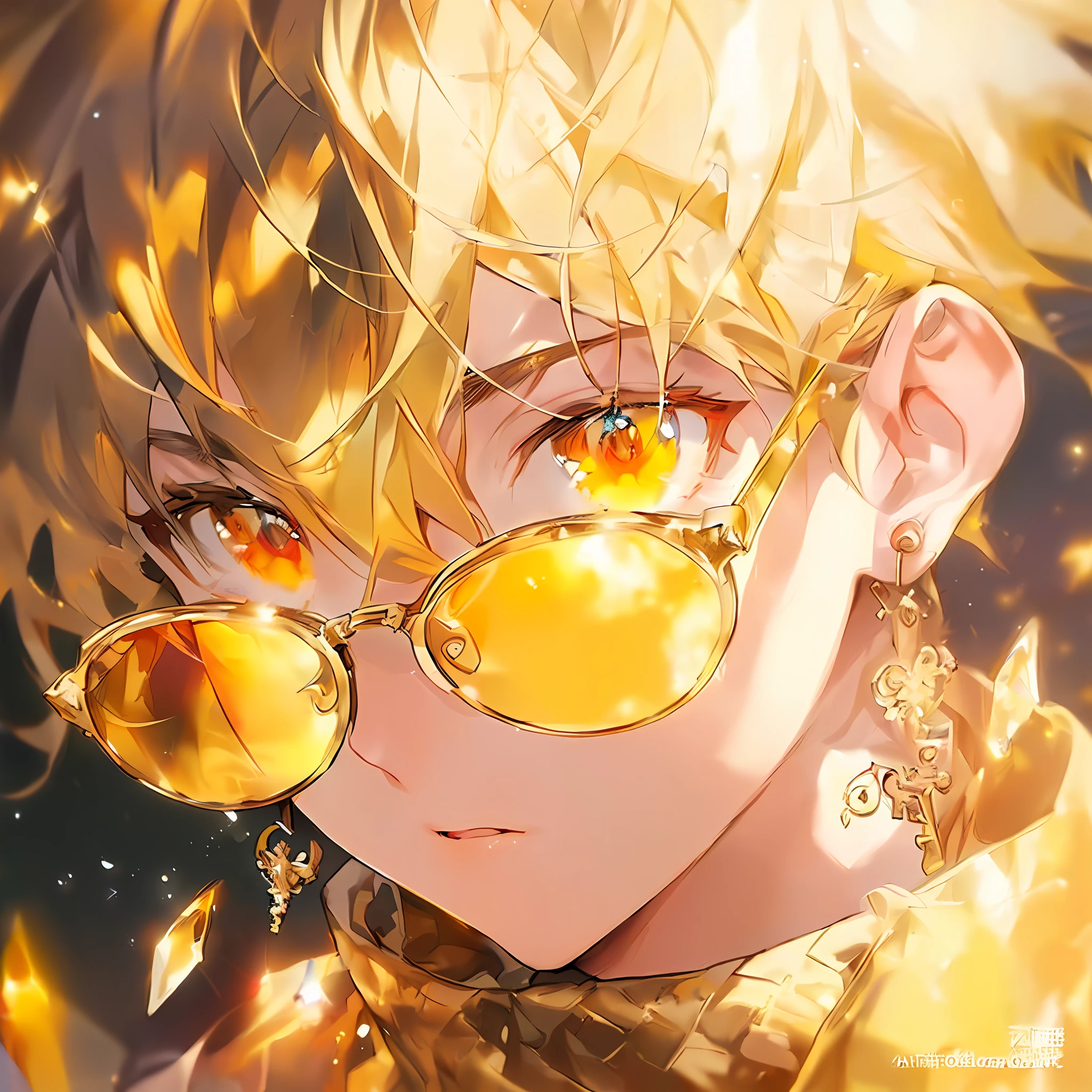 anime, anime boy, blonde, glasses, hair, eyes, gold, key anime art, handsome guy in demon slayer art, highly detailed exquisite fanart, key anime visuals, detailed key anime art, holy fire spell art, official art, detailed digital anime art, trending on artstation pixiv, anime cover, detailed anime character art, official anime artwork