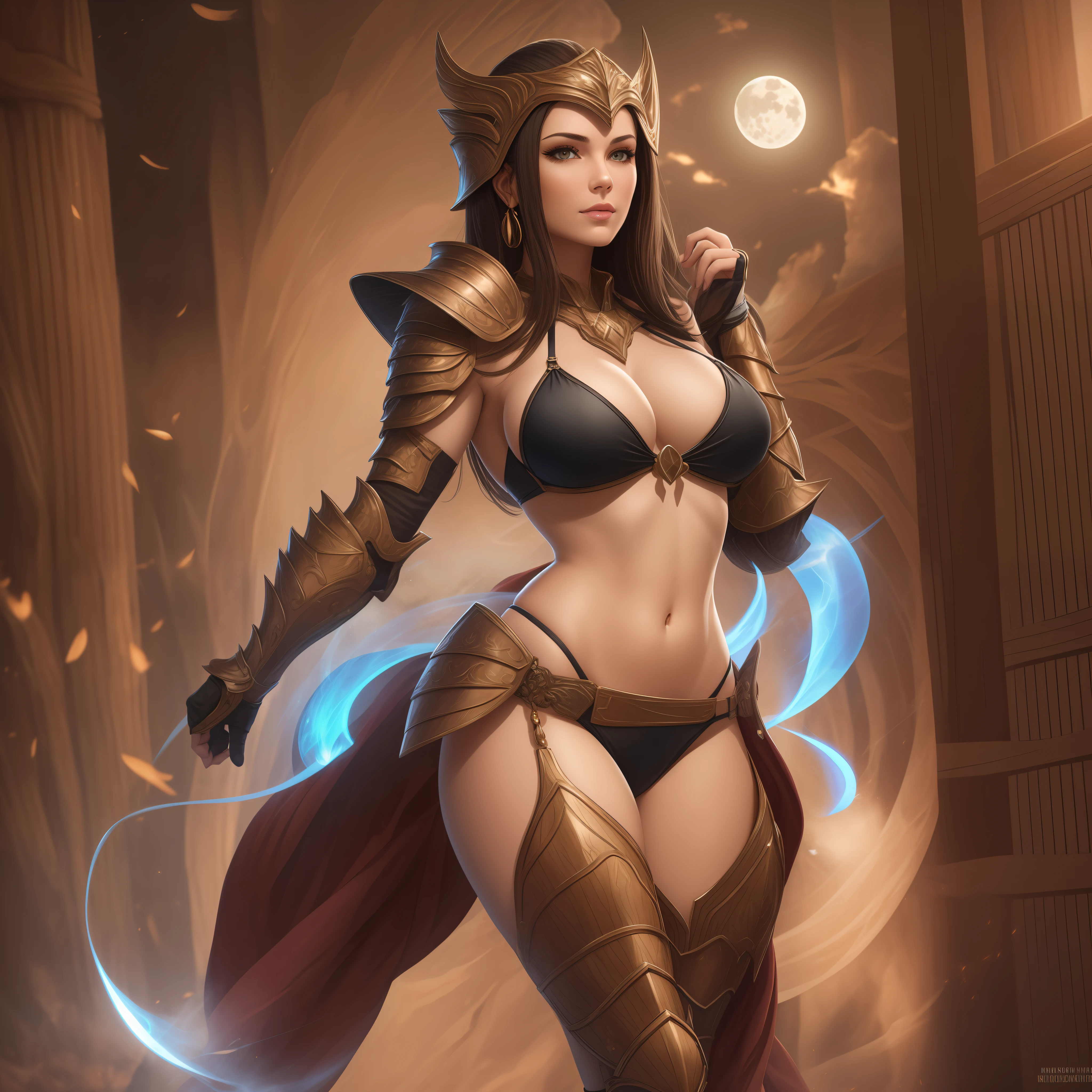 A Hot Sexy woman wearing a Rich Mahogany Bikini Armor with a Moonglow Aura radiating from her body, full body
