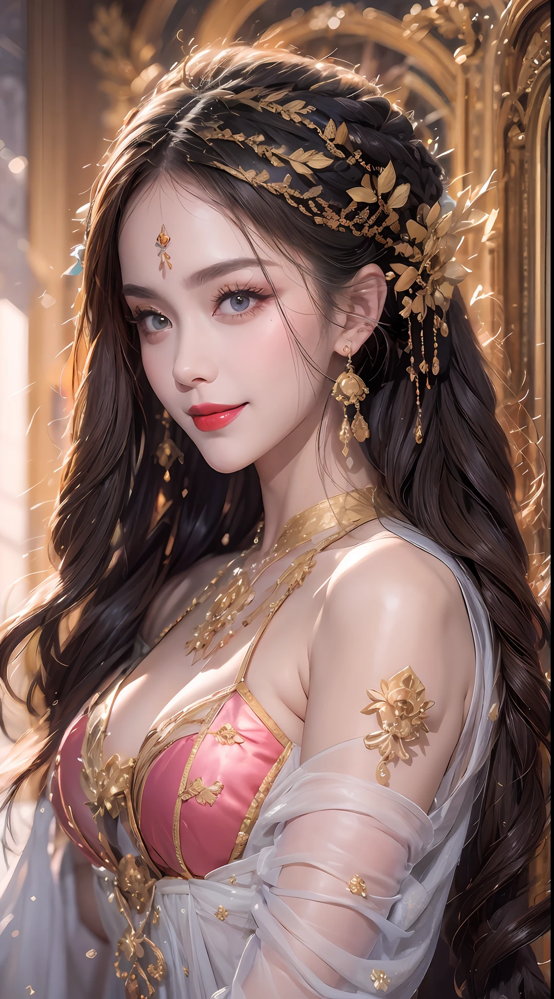 Portrait of a 27-year-old saint,Charming adult saint in a long dress made of thin silk, beautiful saint with an old face, adult, wearing a thin multicolored silk dress, beautiful face without blemishes, (((Smile gently:1.4))), ((7-color hair length:1.2)), big crown, hair brooch, hanfu dress, chinese ancient style, full body jewelry, forehead tattoo, super even chest, face, innocent face, The most beautiful and detailed light red lipstick, ((Thin plump lips:0.3)), delicate pink and white eyes (white and detailed) cinematic, light and dark, dramatic lighting, magical light, extremely detailed light, true color, super sharp, realistic, 8k quality, fantasy universe background, saints and magical space, the most detailed images, Solo, a saintess, ((looking directly at the saint's upper body:0.4)), ((smooth skin:0.5)),