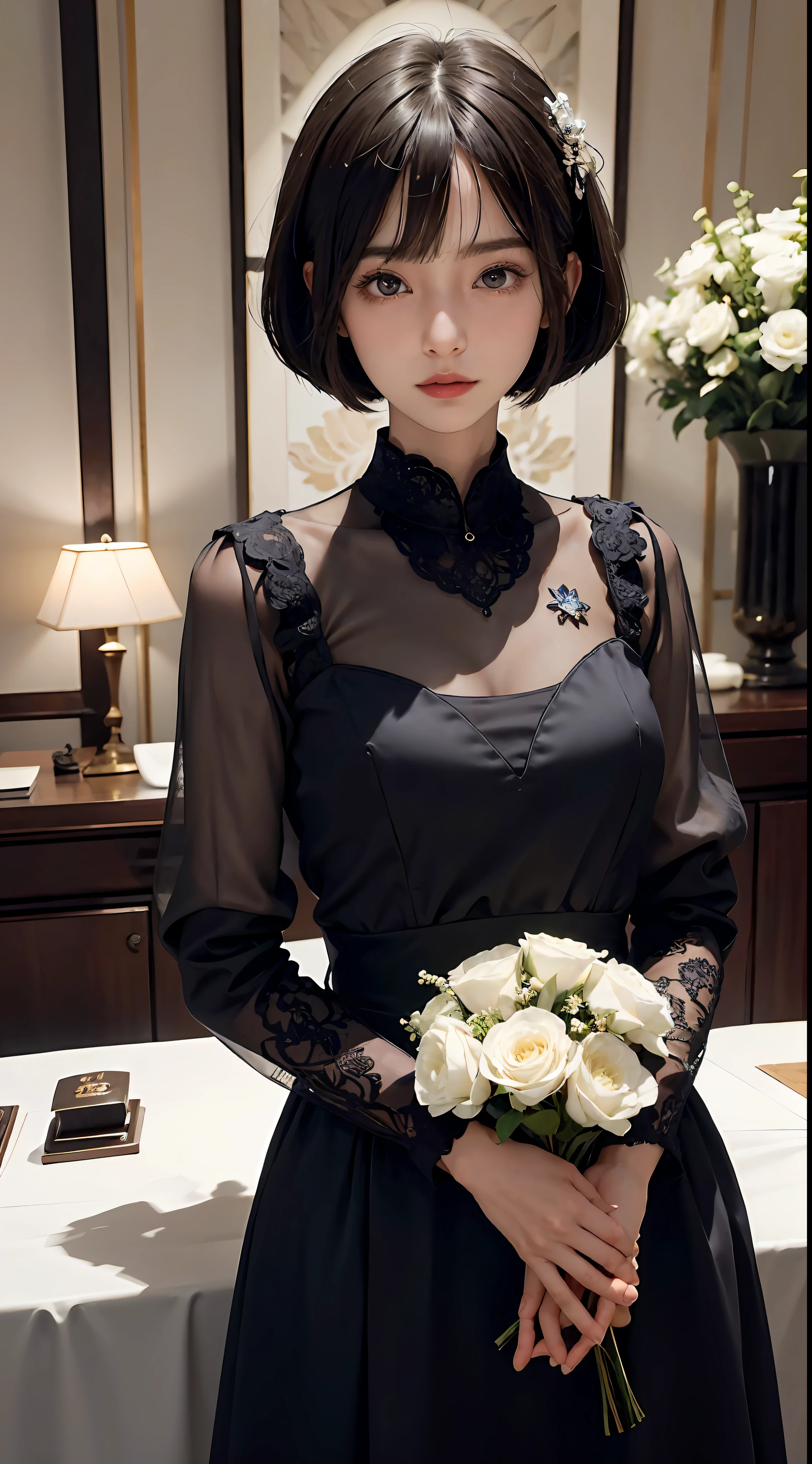 ​masterpiece, 1 beautiful girls, (((very_short_hair))), Eye details, Swollen eyes, Top image quality, 超A high resolution, (Realistis: 1.4), OriginalPhotographs, 1Girl, Cinematographic lighting, japanes, Asian Beauty, Korean, very beautif, Beautiful skins, thin,  (A hyper-realistic), (hight resolution), (8 K), (ighly detailed), (The best illustrations), (beautifully detailed eyes), (ultra-detailliert), A detailed face, see the beholder, Facing straight ahead, Neat Clothing, shorth hair、A dark-haired、46-point diagonal bangs、Interior background of luxury hotel、flower arrangement、vases、Neat and clean