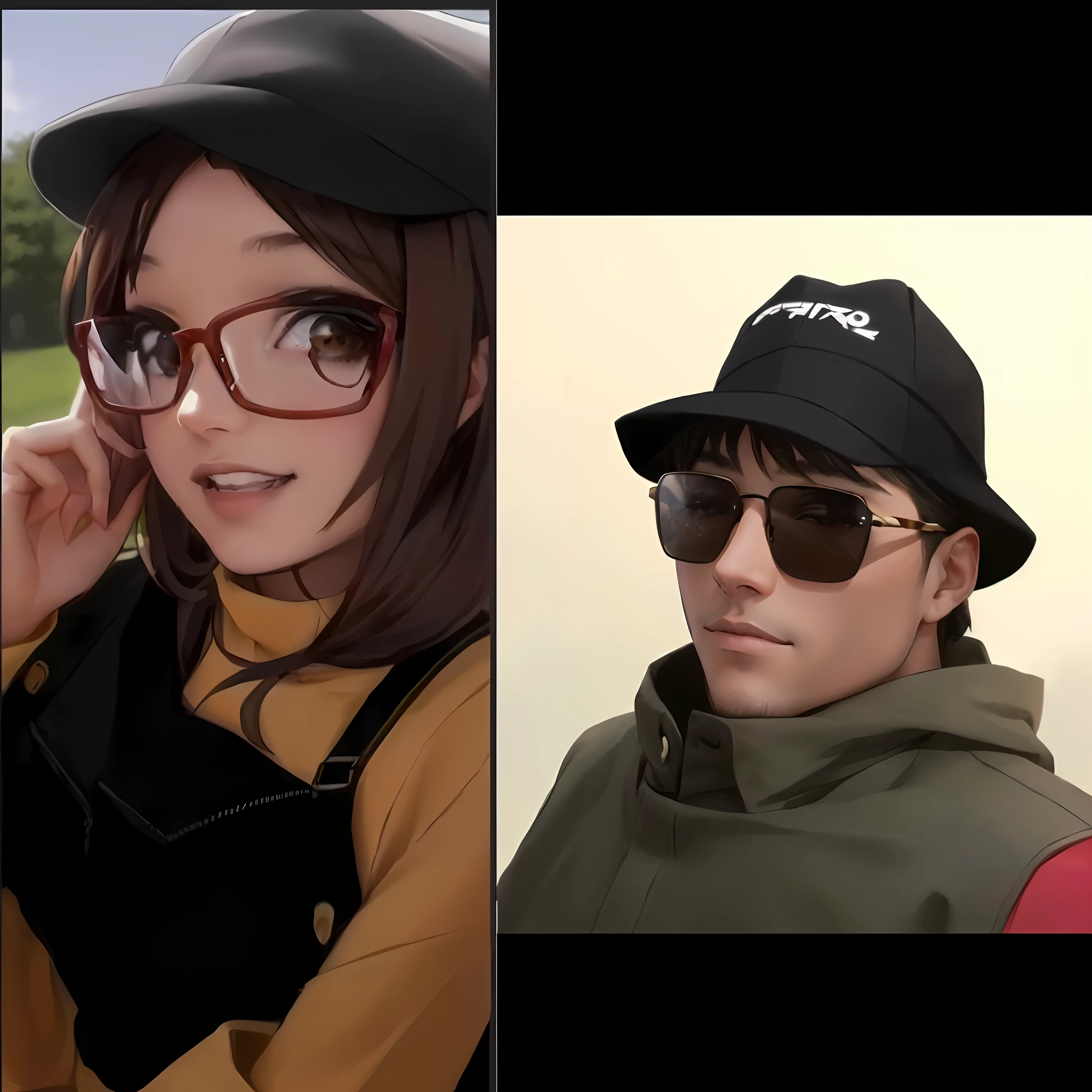 Two images of a man and a woman wearing glasses and hats, gama murata e artgerm, Arte no estilo de Guweiz, estilo realismo anime, arte de anime realista, ig studios estilo anime, realistic anime art style, fanart de alta qualidade, estilo anime semi-realista, realismo de anime, feito com anime painter studio, Estilo anime 3D realista