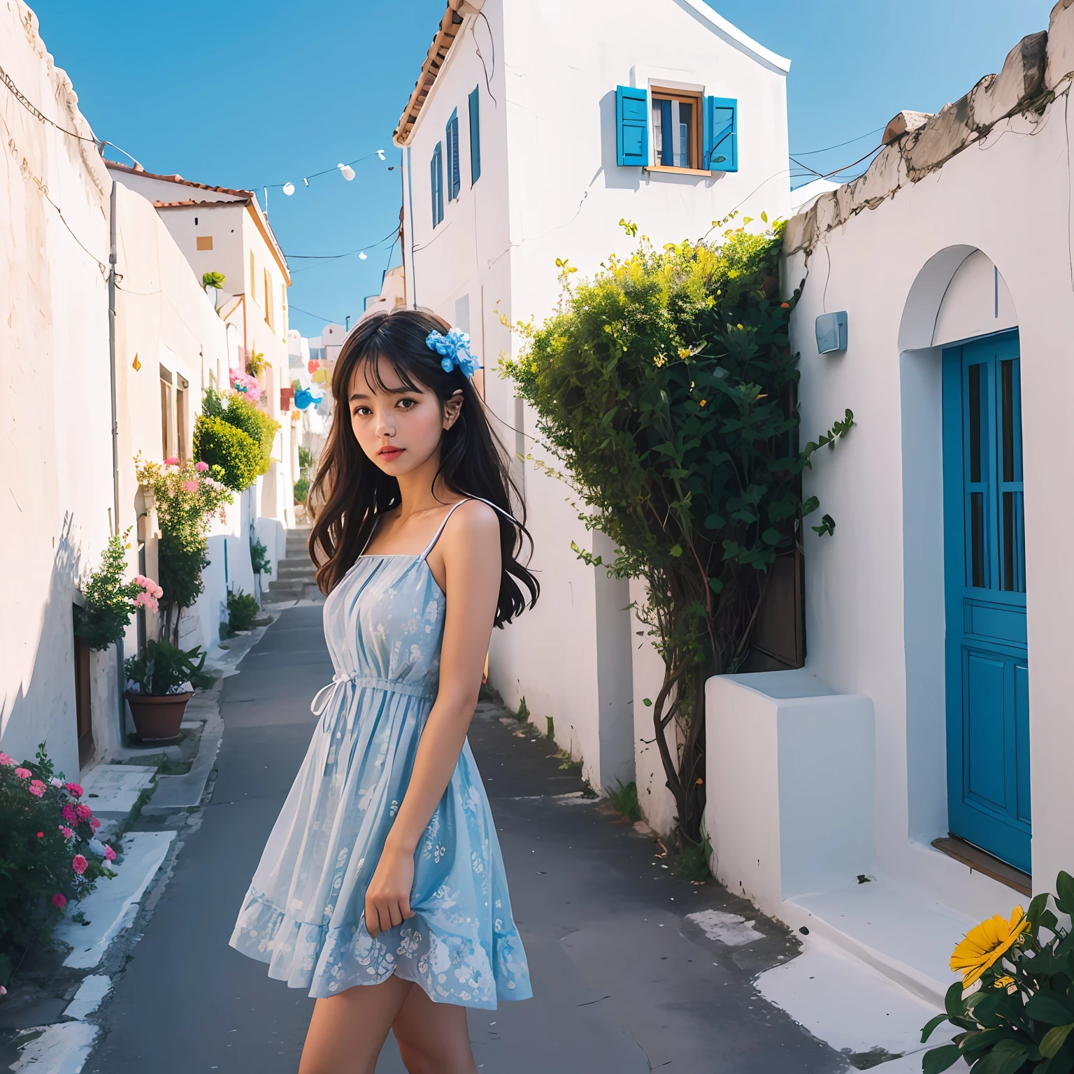Extreme Long Shot, cute girl in cute summer dress with flower pattern, greece city street with houses, with white walls and blue pattern and blue roofs, intricate, detailed, cinematic, cinematic lighting, film grain, trending on 500px.com and flickr, 4k
