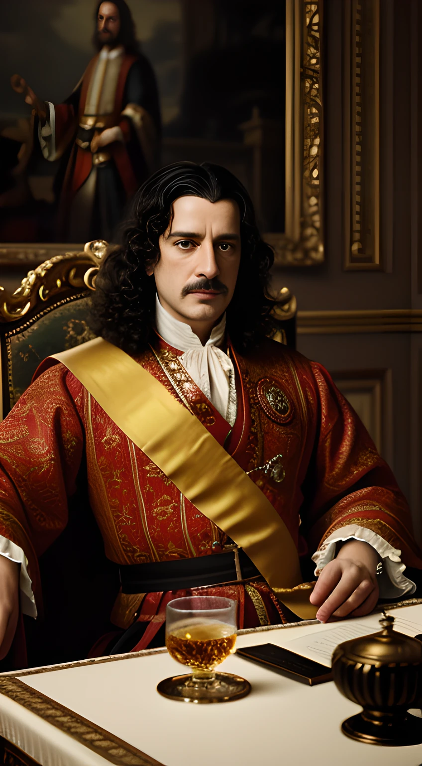 {King Charles II of England poised with a whisky glass, draped in rich 17th-century royal attire}, In the style of the Baroque era, Art Inspiration: Greg Rutkowski, Camera: Medium Telephoto, Shot: Medium Shot, Render Related Information: (detail:1.3), (historical accuracy:1.15), (Baroque:1.2), (lighting: ambient light), (color type: fantasy vivid colors), (render: Octane render), (resolution: 8K)