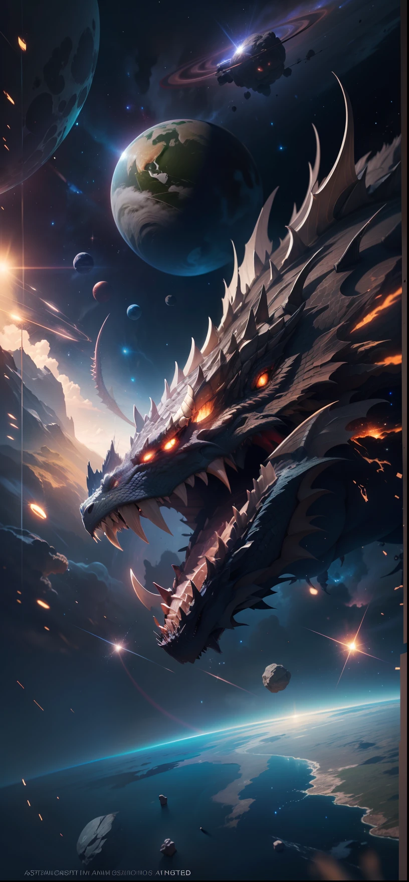 massive dragon in space eating a planet, ethereal vibes, space, 4k, HDR, photoreal, masterpiece, high quality, intricately detailed, lens flare, planets, asteroids, planetary debris