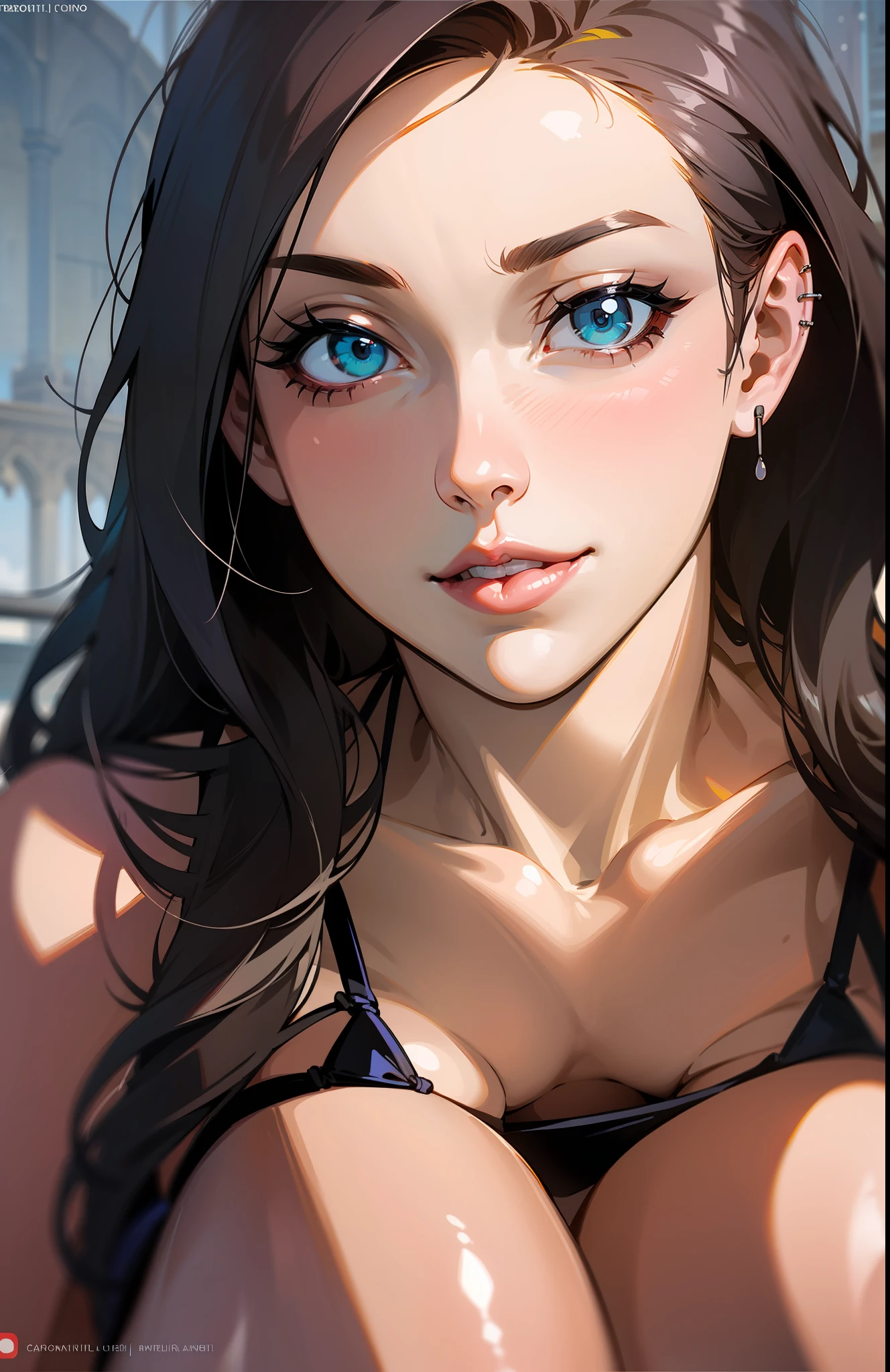 There's a woman in a 30-year-old bikini (Peta Jensen), (Camgirl), (onlyfans) posing on the terrace of a tower, fifteenth century tower, realista, Overcast sky, cinematic natural light, dust particles in light, Bottom view, Bottom viewing angle, MULHER SEXY, cabelos loiros, cabelos enrolados estilo permanente, Black Power trançado | | |, cabelo armado encaracolados, olhar sexy, olhos verdes, branca, sarda no rosto, realista, boca entreaberta, sensualidade ao extremo, Seios enormes (Big Tits), (peitos grandes estufados), pele bronzeada de sol, Fundo, sardas no peito, piercing na barriga, barriga sexy, sexy :8, A partir de 8 K fosco, sexy look at the camera, camera from below, Bottom view, bra black, pose atraente, black bikini, bikini squeezing breasts, bicos duros, enrijecidos, Excitado, lascivo, provocador, corpo sexy, quadril largo, Pose sexy, Realistic bikini, corpo perfeito, 4k], tiny black bra, 4 mil ], Sling bikini