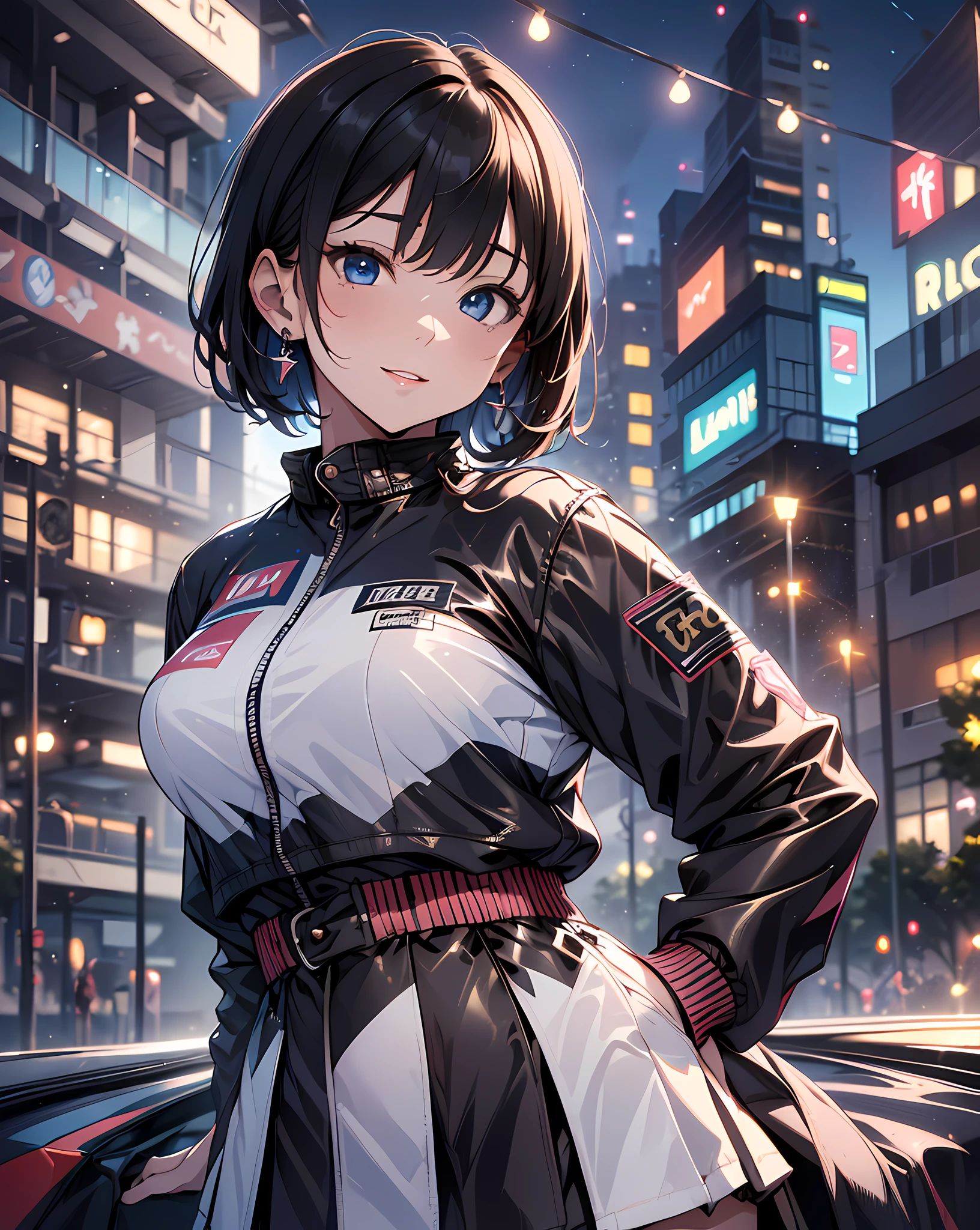 (masterpiece, best quality:1.37), highres, ultra-detailed, ultra-sharp, BREAK, Japanese school girl model, 1girl, (beautiful anime face, cute face, detailed face), (black hair, short hair, bangs), blue eyes, jewelry, earrings, piercing, BREAK, ((detailed race queen costume:1.5), (detailed rubber jacket and short skirt:1.3)), lovely look, detailed clothes), light smile, closed mouth, parted lips, pink lipstick, BREAK, standing, arms behind on hip, leaning forward, cowboy shot, detailed human hands, HDTV:1.2, ((detailed car competition view background:1.3)), 8 life size, slender, anime style, anime style school girl, perfect anatomy, perfect proportion, inspiration from Kyoto animation and A-1 picture, late evening, excellent lighting, bright colors, clean lines, photorealistic